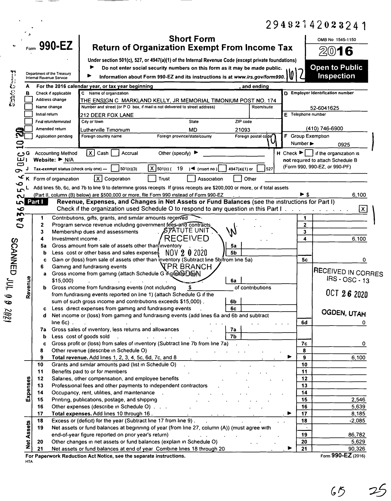 Image of first page of 2016 Form 990EO for American Legion - 174