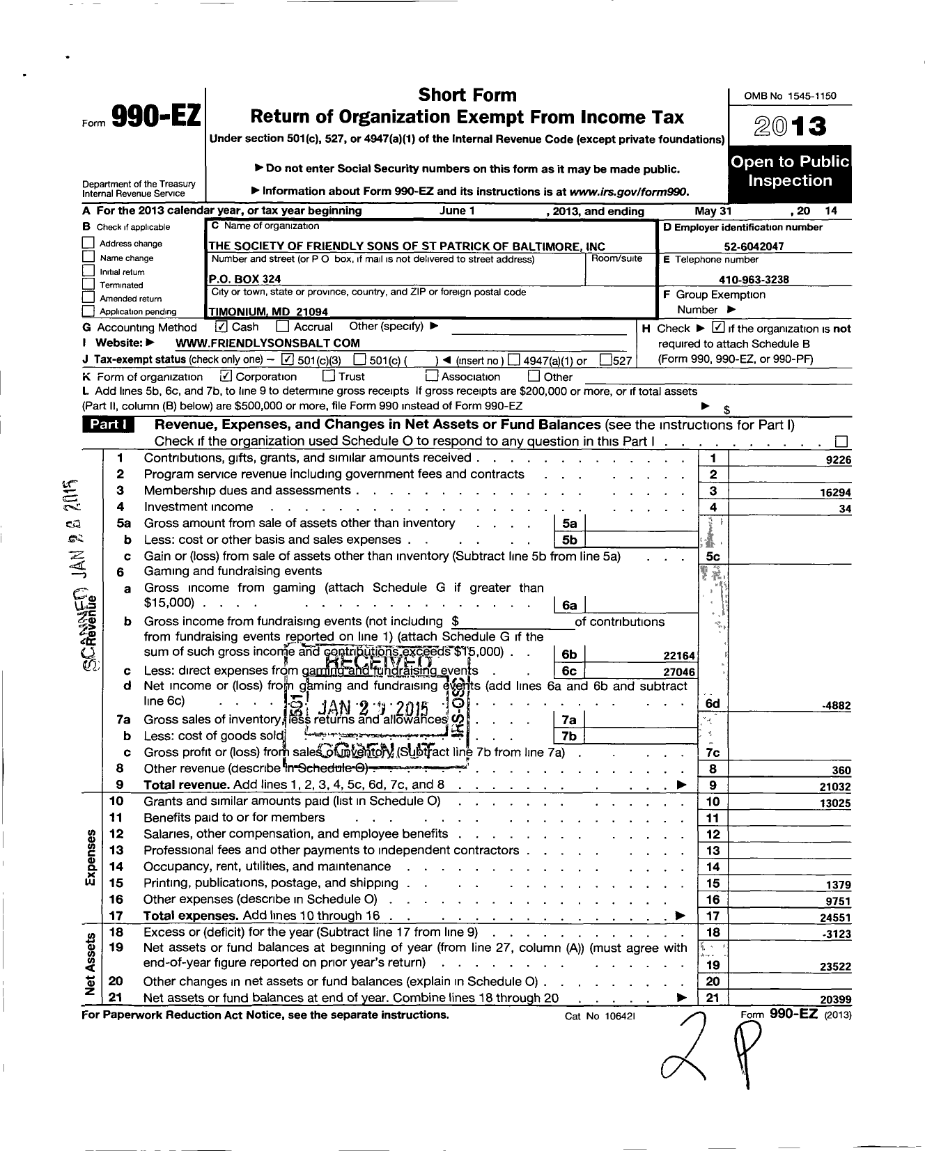 Image of first page of 2013 Form 990EZ for The Society of the Friendly Sons of Saint Patrick of Baltimore