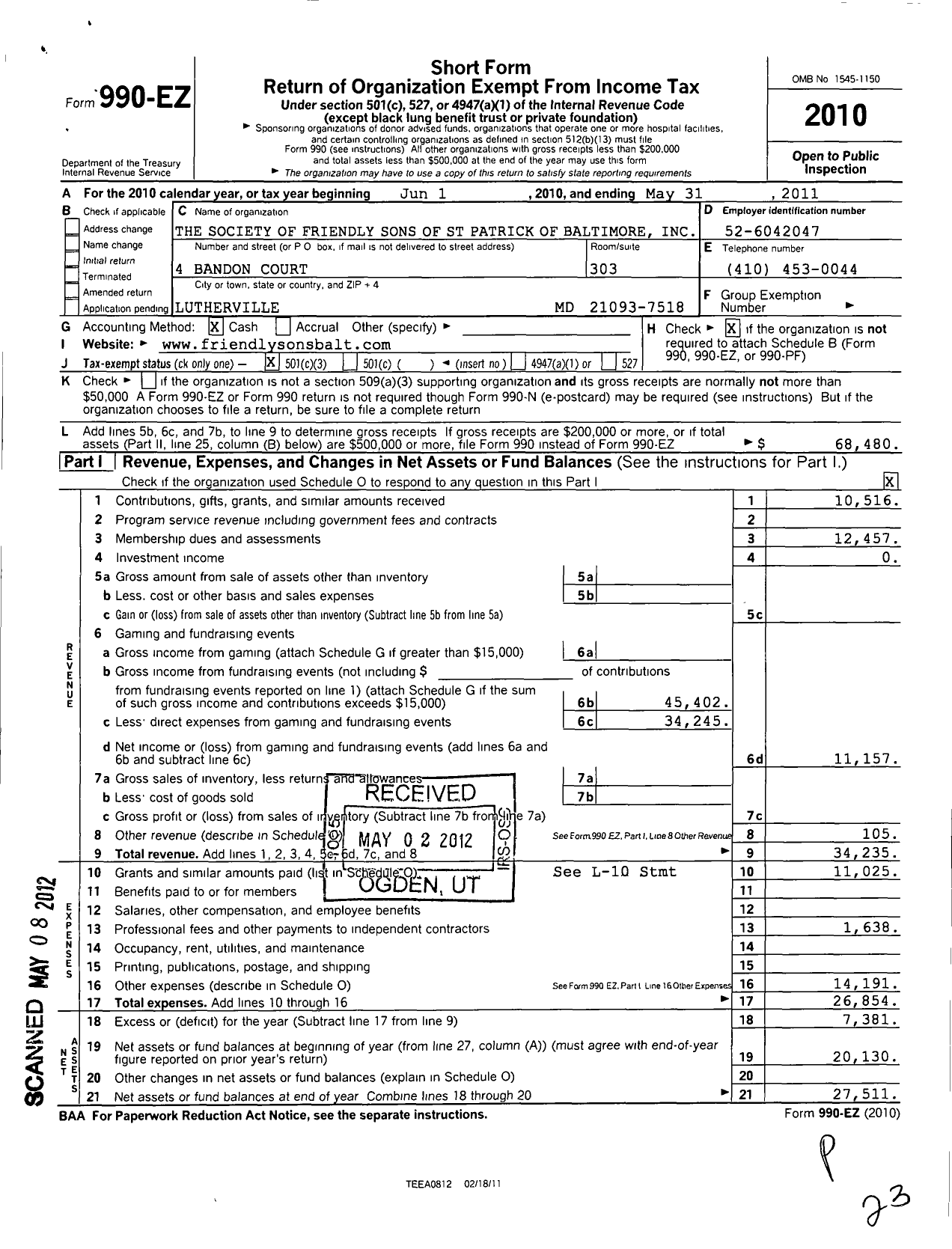 Image of first page of 2010 Form 990EZ for The Society of the Friendly Sons of Saint Patrick of Baltimore