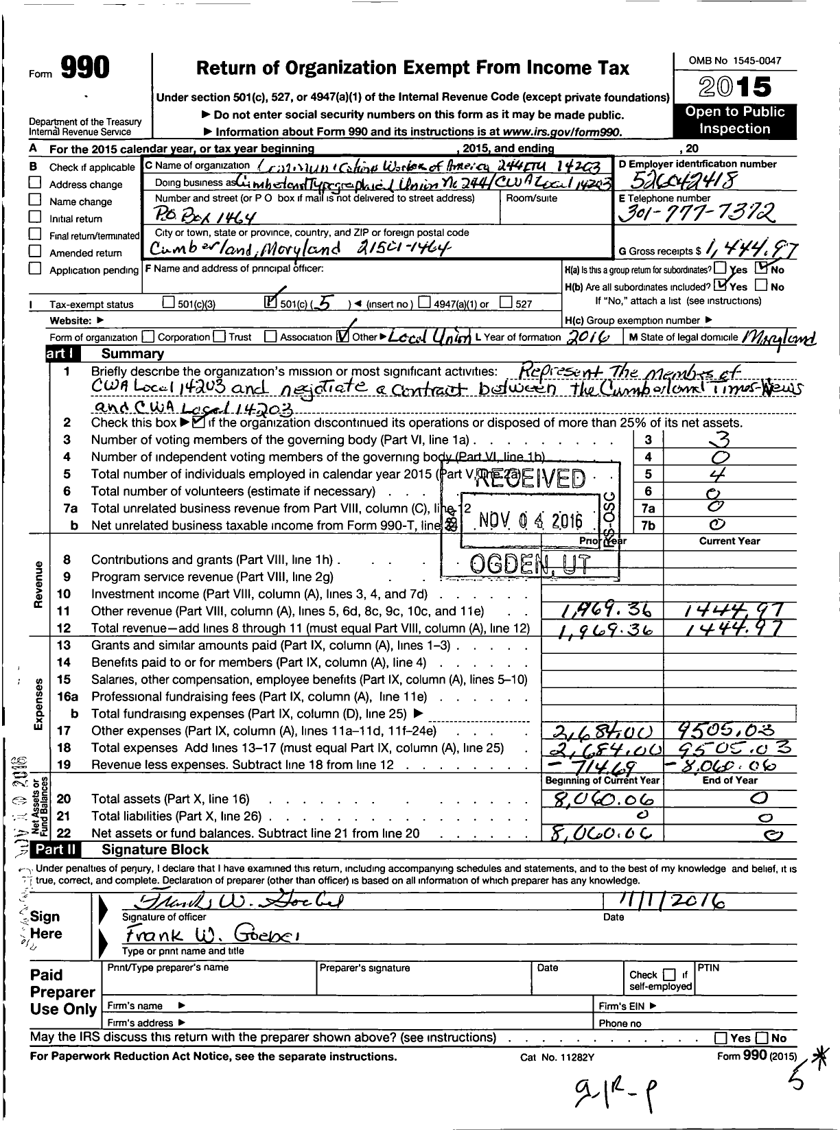 Image of first page of 2015 Form 990O for Communications Workers of America - 244 Itu 14203