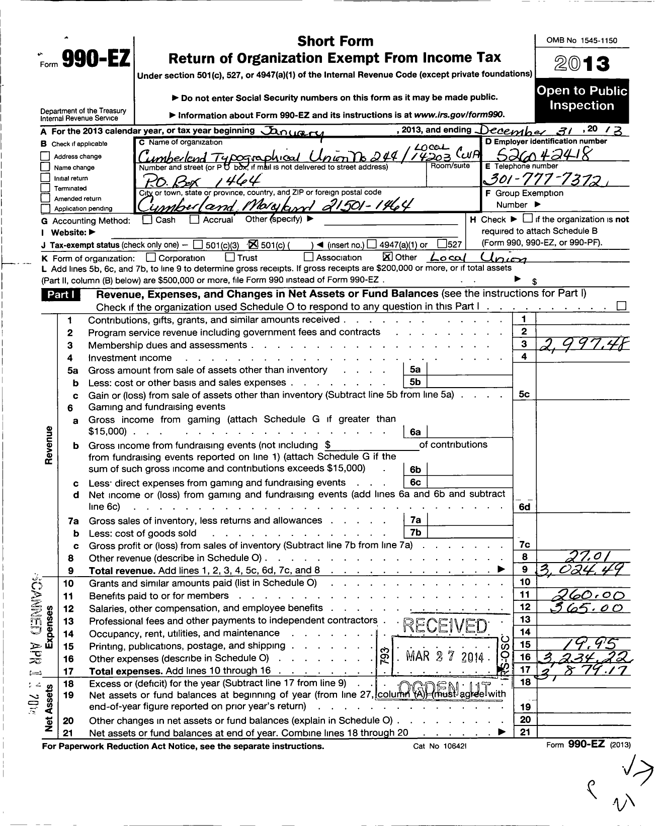 Image of first page of 2013 Form 990EO for Communications Workers of America - 244 Itu 14203