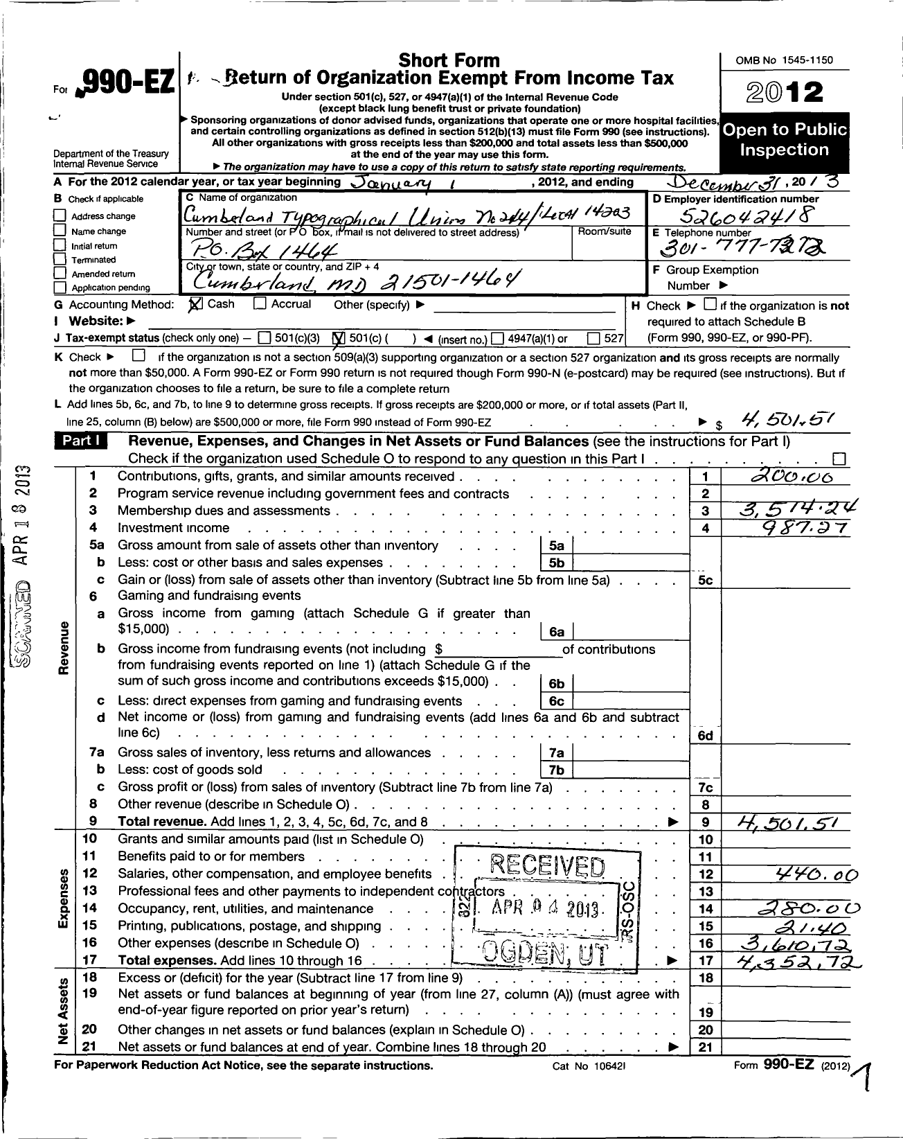 Image of first page of 2013 Form 990EO for Communications Workers of America - 244 Itu 14203