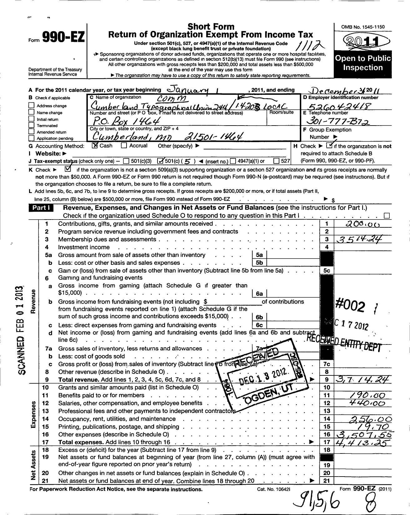 Image of first page of 2011 Form 990EO for Communications Workers of America - 244 Itu 14203