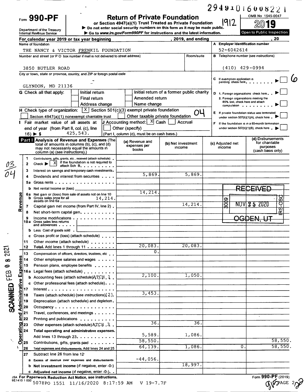 Image of first page of 2019 Form 990PF for The Nancy and Victor Frenkil Foundation