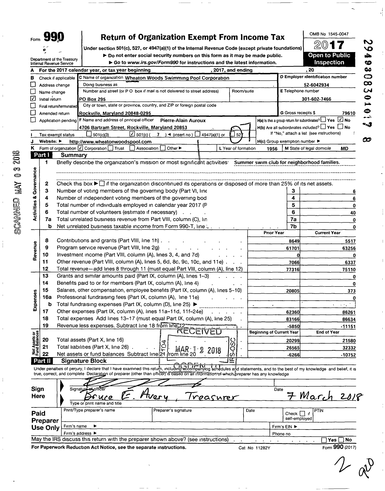 Image of first page of 2017 Form 990O for Wheaton Woods Swimming Pool Corporation