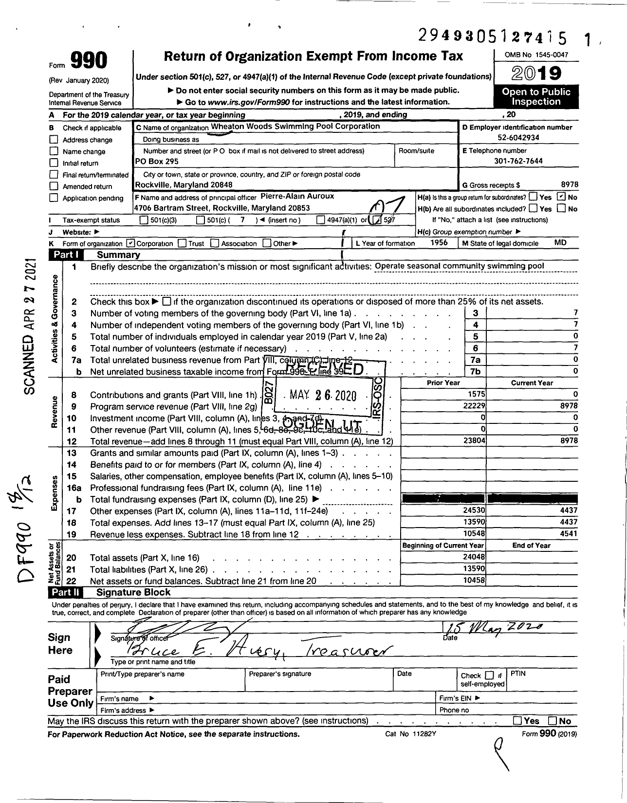 Image of first page of 2019 Form 990O for Wheaton Woods Swimming Pool Corporation