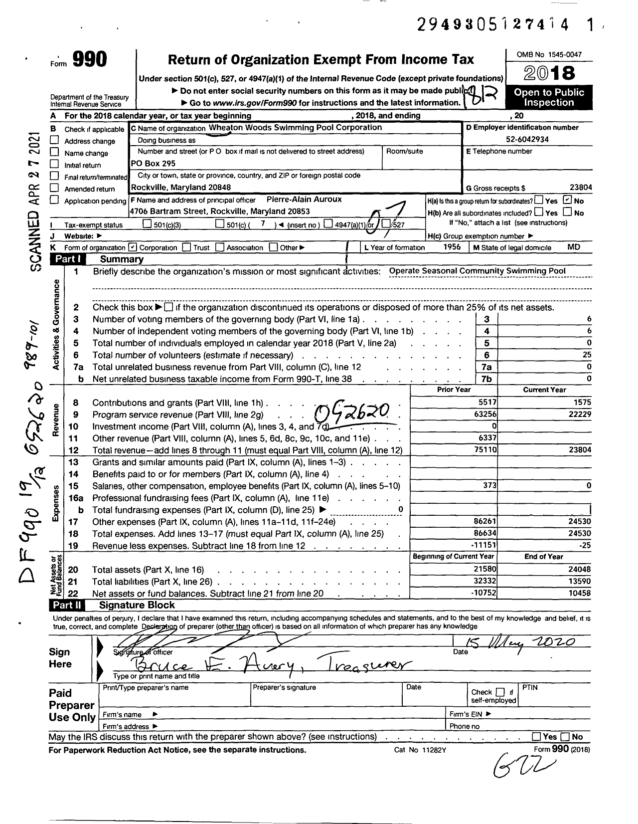 Image of first page of 2018 Form 990O for Wheaton Woods Swimming Pool Corporation