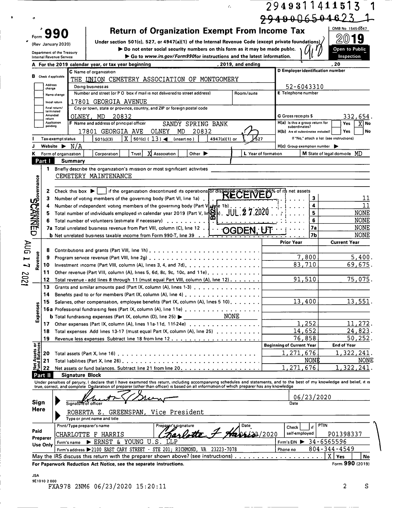 Image of first page of 2019 Form 990O for Union Cemetery Association of Montgomery