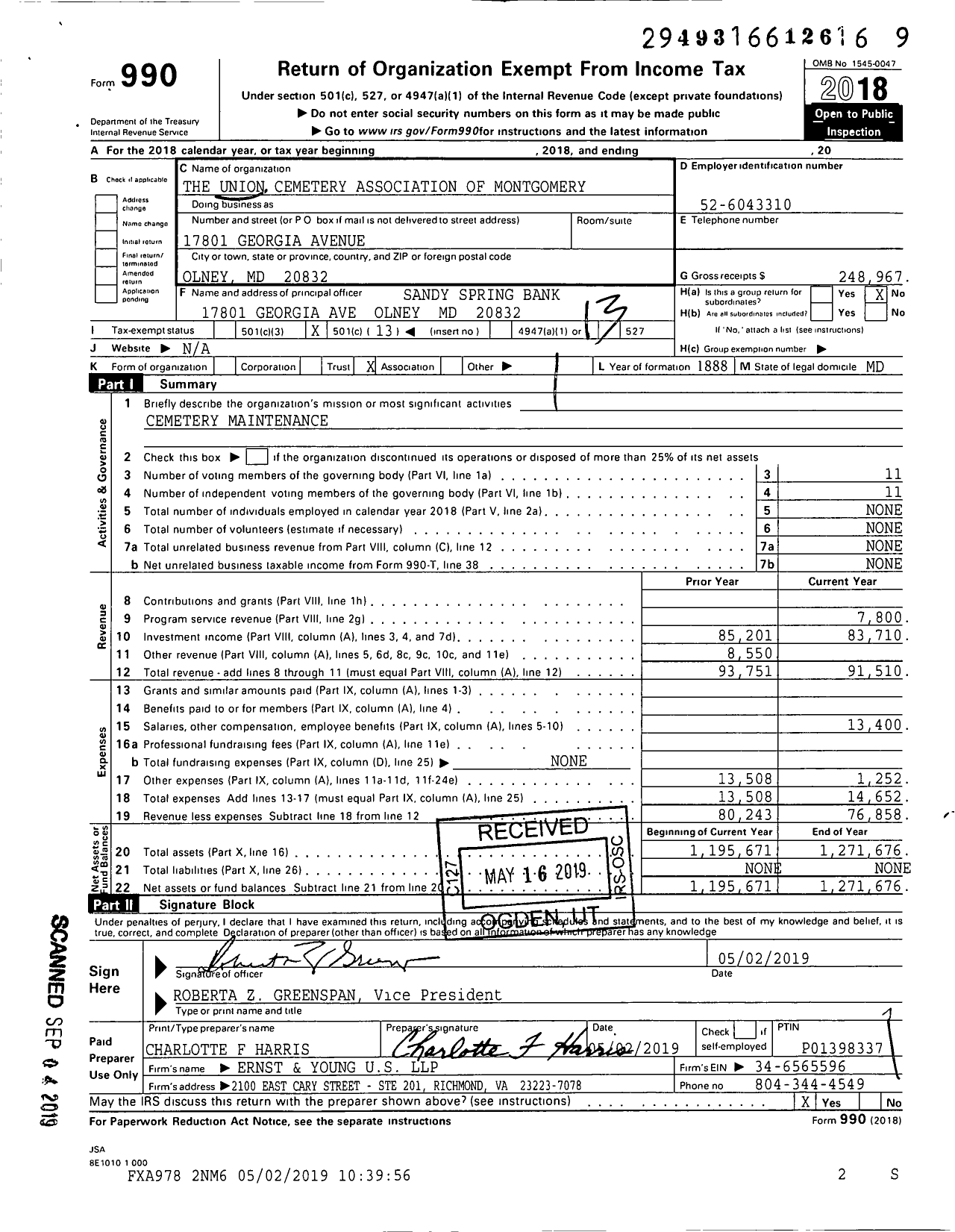 Image of first page of 2018 Form 990O for Union Cemetery Association of Montgomery