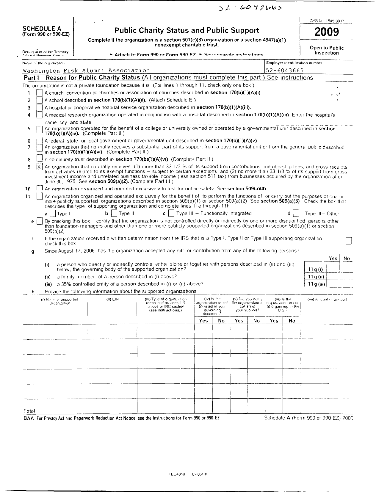 Image of first page of 2009 Form 990R for Washington Fisk Club of the Fisk University Alumni Association