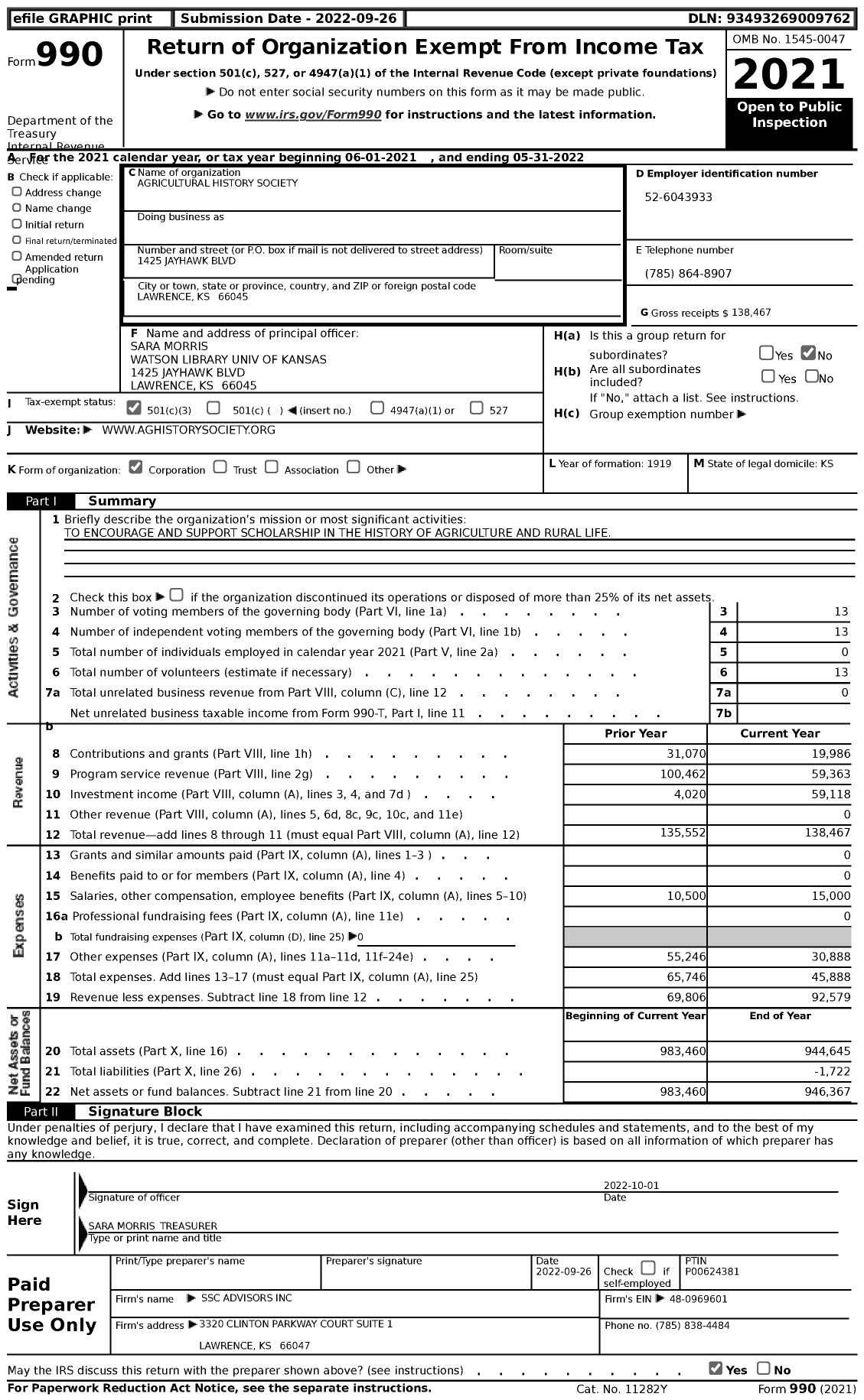 Image of first page of 2021 Form 990 for Agricultural History Society