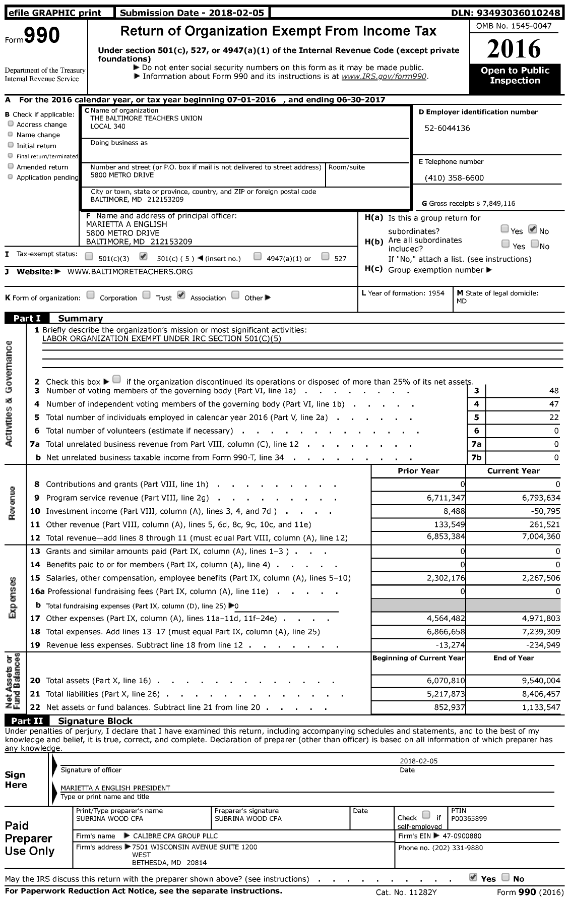 Image of first page of 2016 Form 990 for American Federation of Teachers - 0340 Baltimore Teachers Union