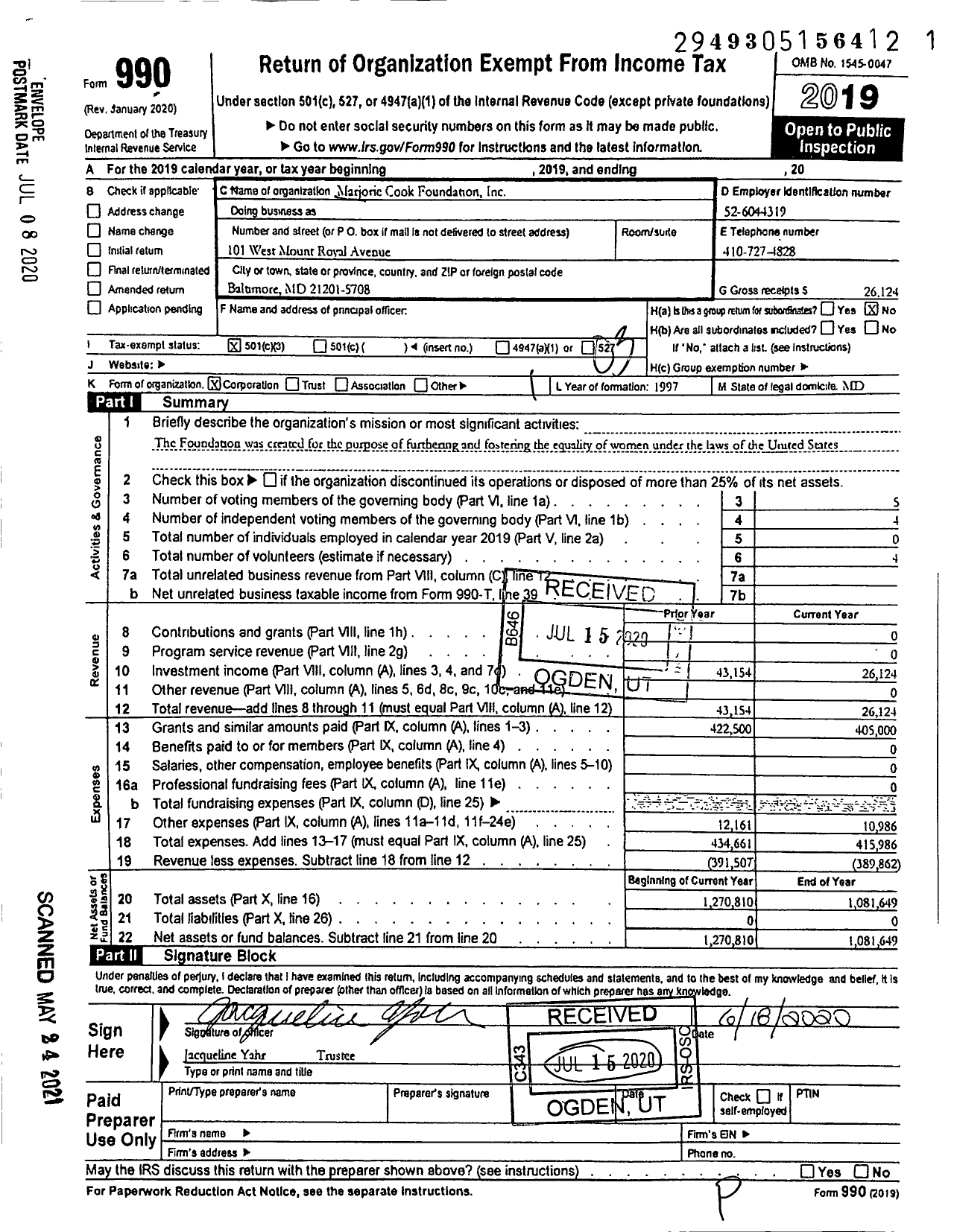 Image of first page of 2019 Form 990 for Marjorie Cook Foundation