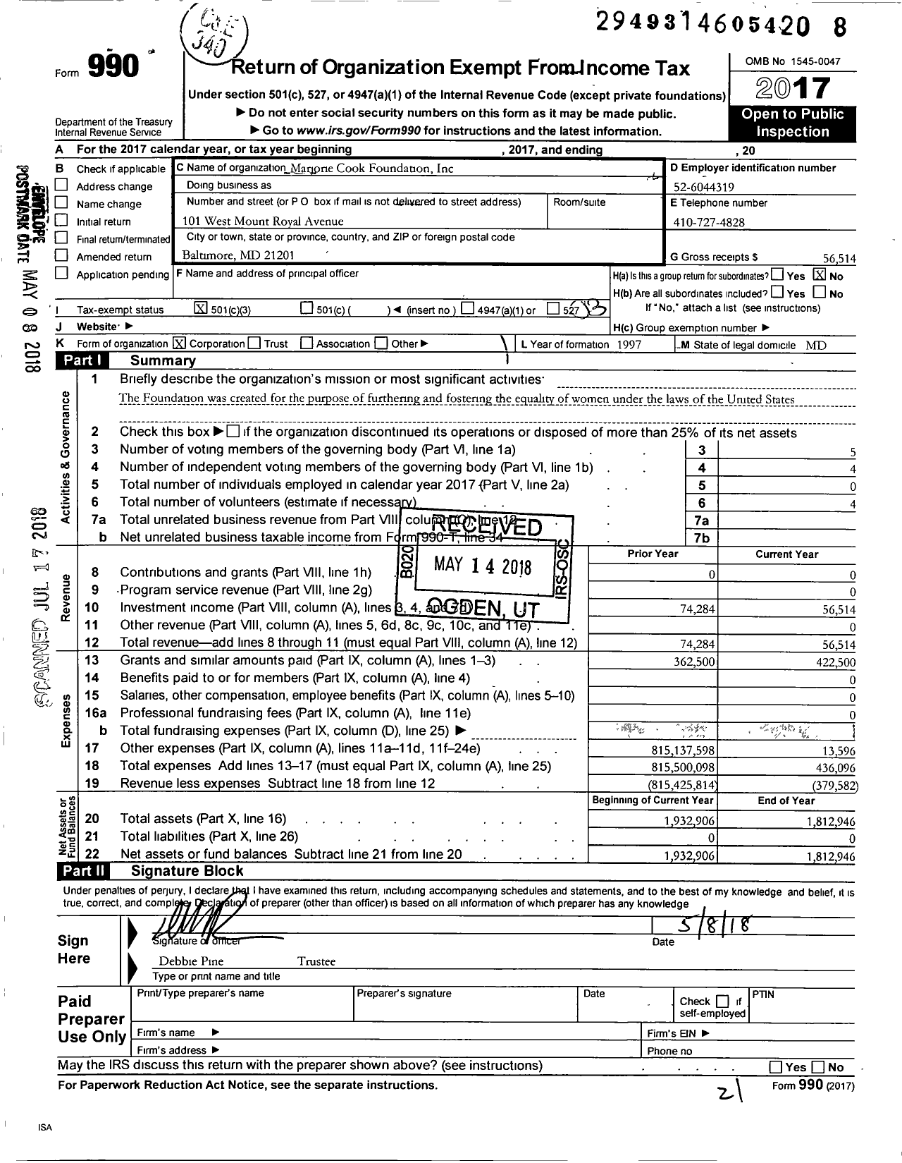 Image of first page of 2017 Form 990 for Marjorie Cook Foundation