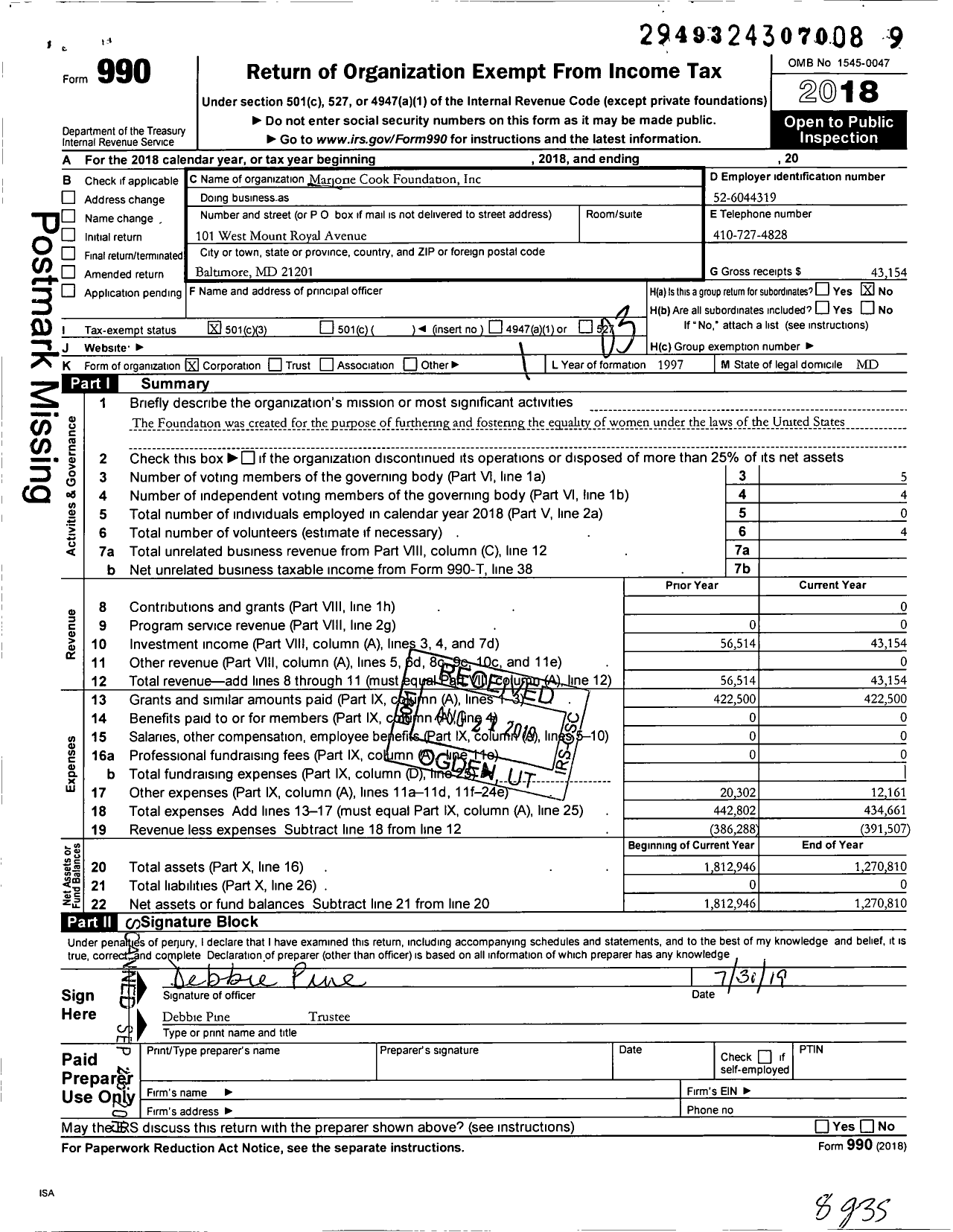 Image of first page of 2018 Form 990 for Marjorie Cook Foundation