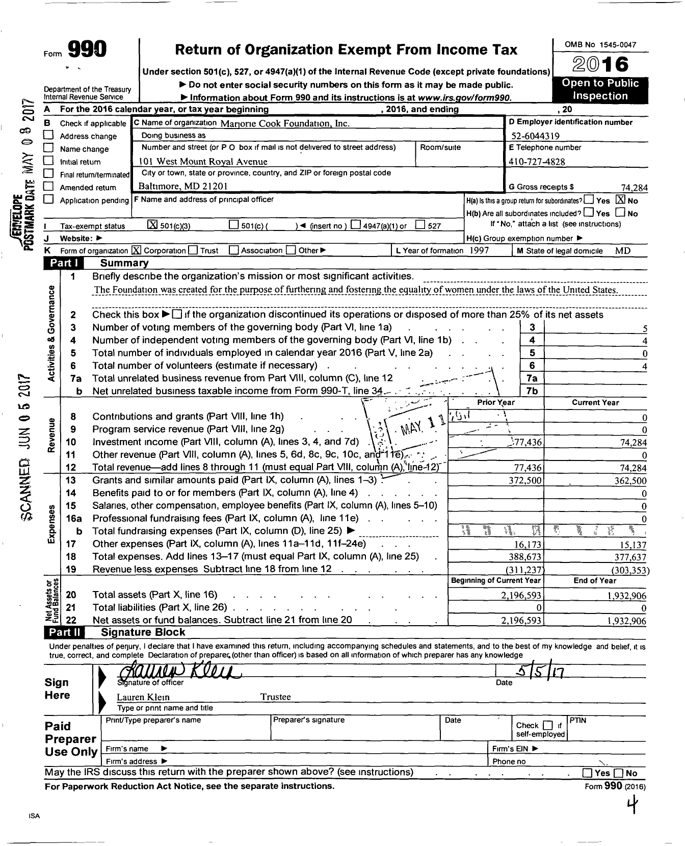 Image of first page of 2016 Form 990 for Marjorie Cook Foundation