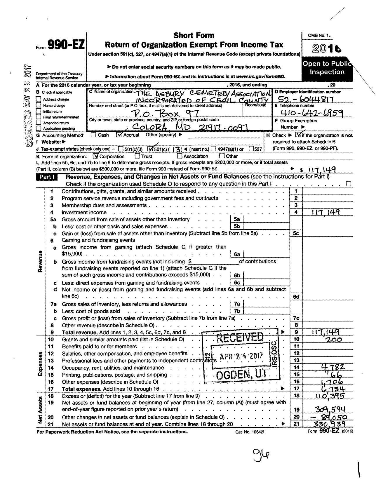 Image of first page of 2016 Form 990EO for Asbury Cemetery Association Incorporated of Cecil County