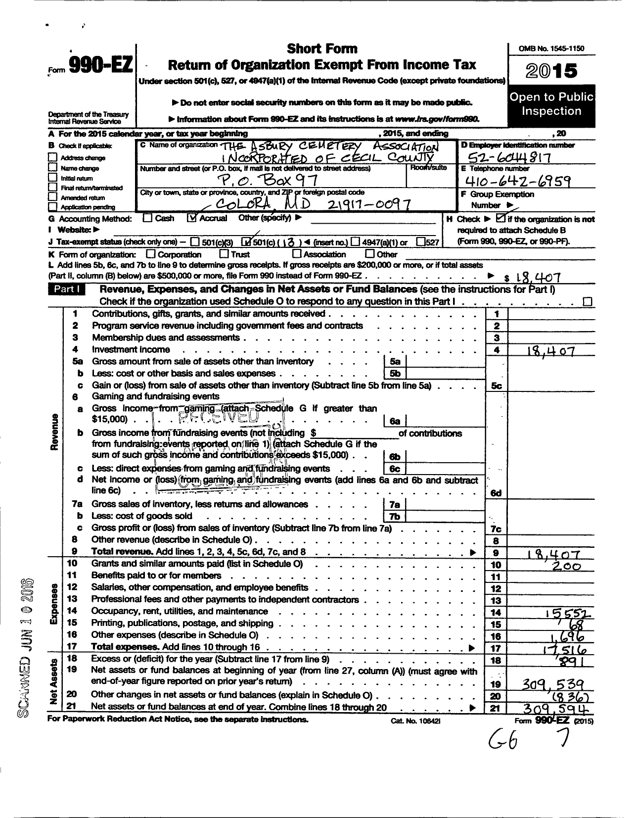 Image of first page of 2015 Form 990EO for Asbury Cemetery Association Incorporated of Cecil County