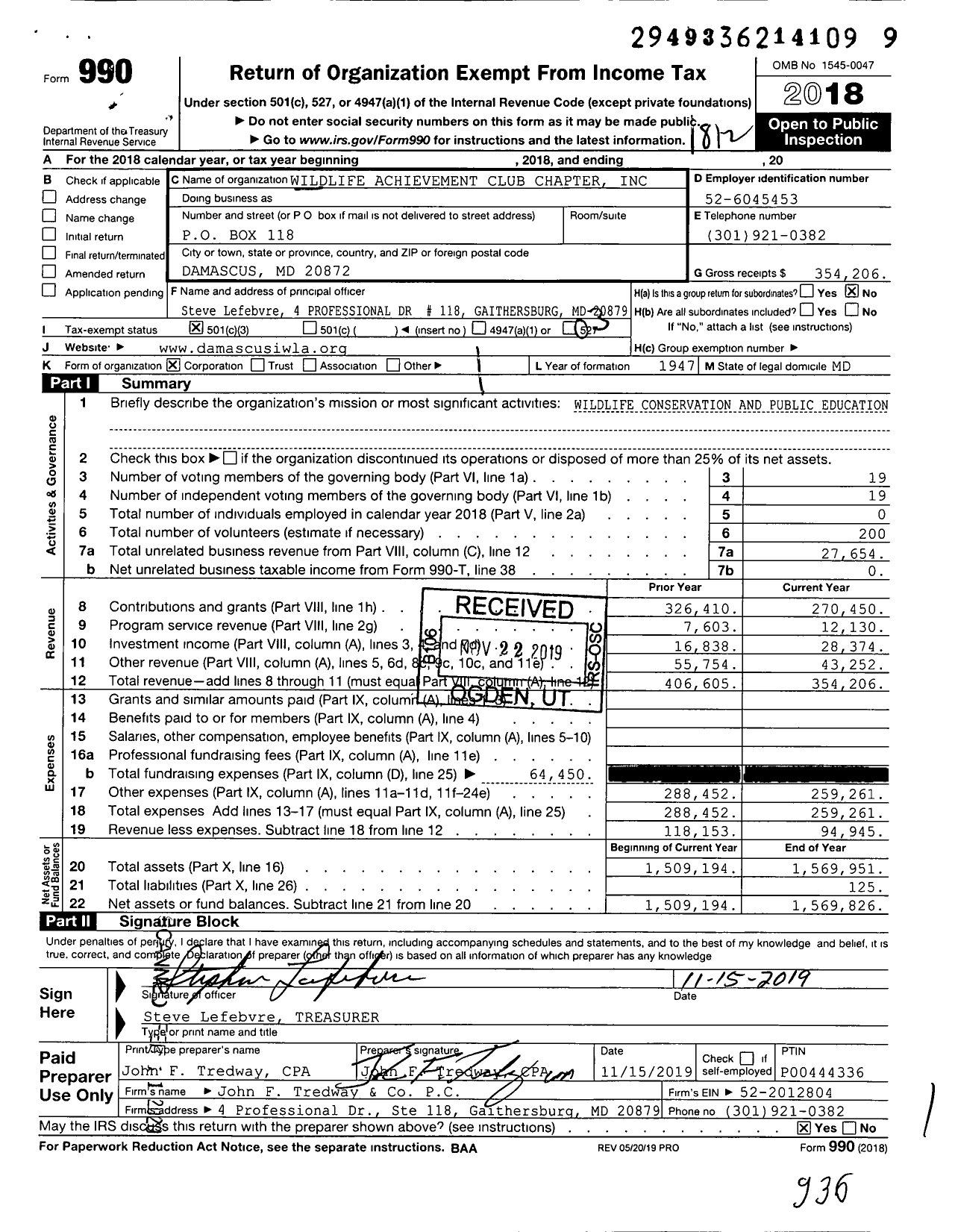 Image of first page of 2018 Form 990 for Izaak Walton League of America - Wildlife Achievement Chapter