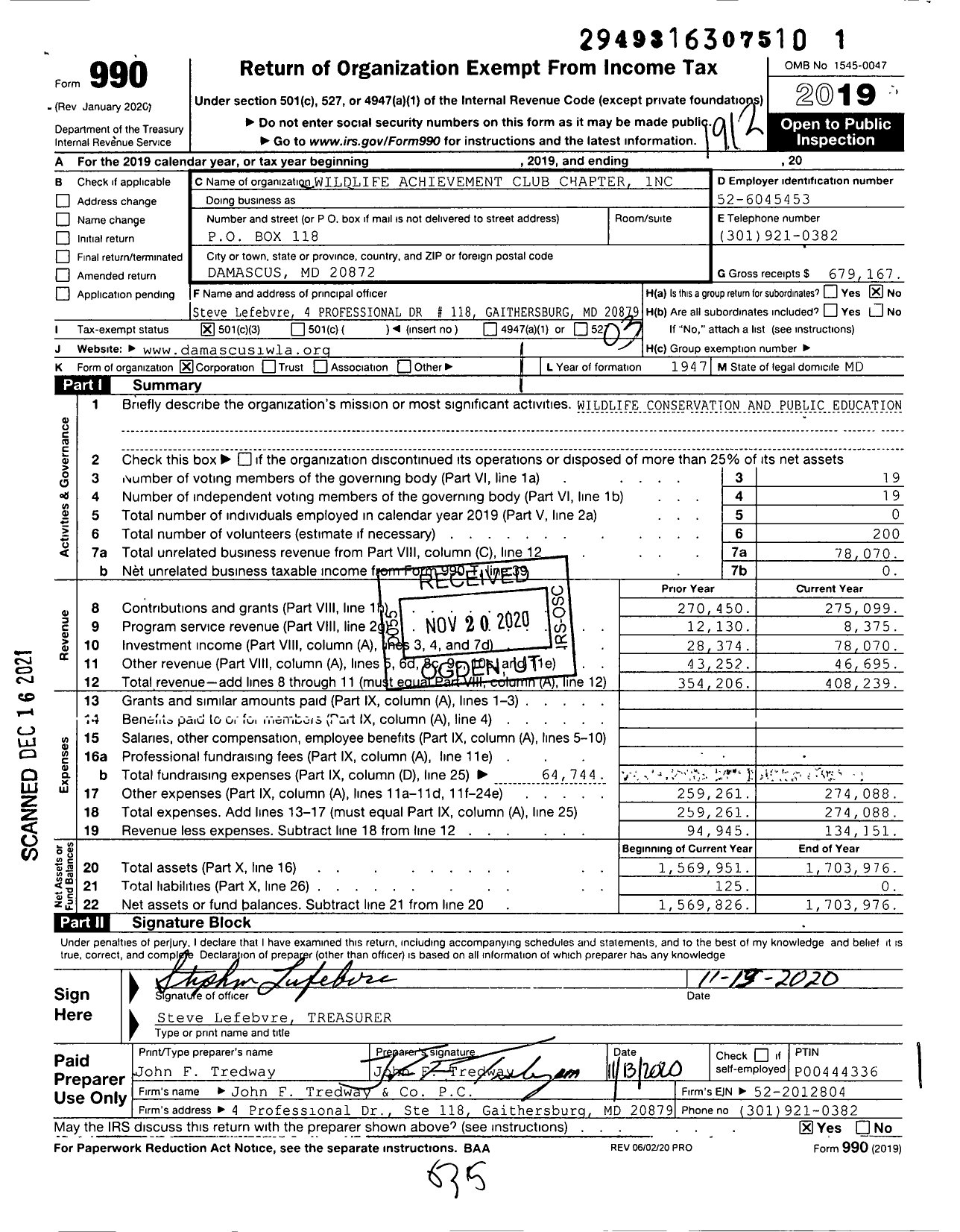 Image of first page of 2019 Form 990 for Izaak Walton League of America - Wildlife Achievement Chapter