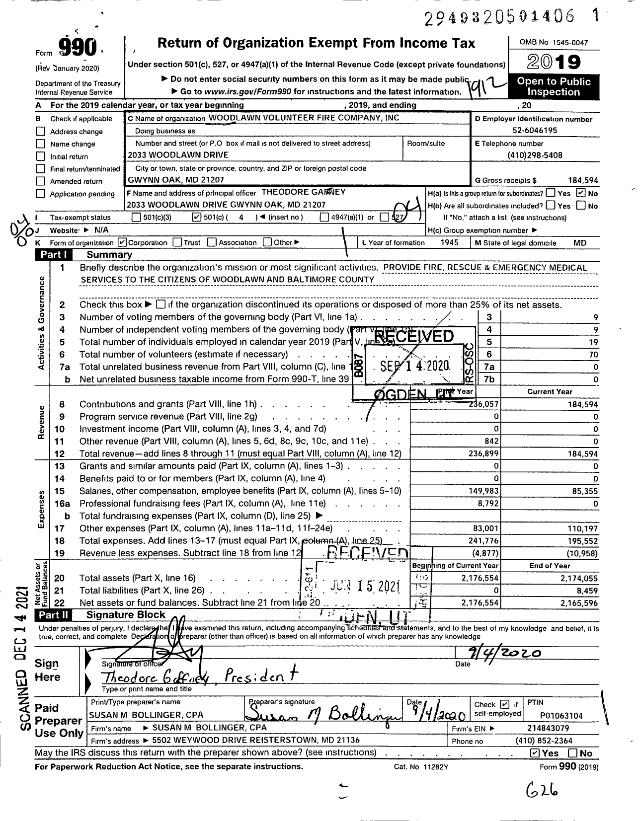 Image of first page of 2019 Form 990O for Woodlawn Volunteer Fire Company