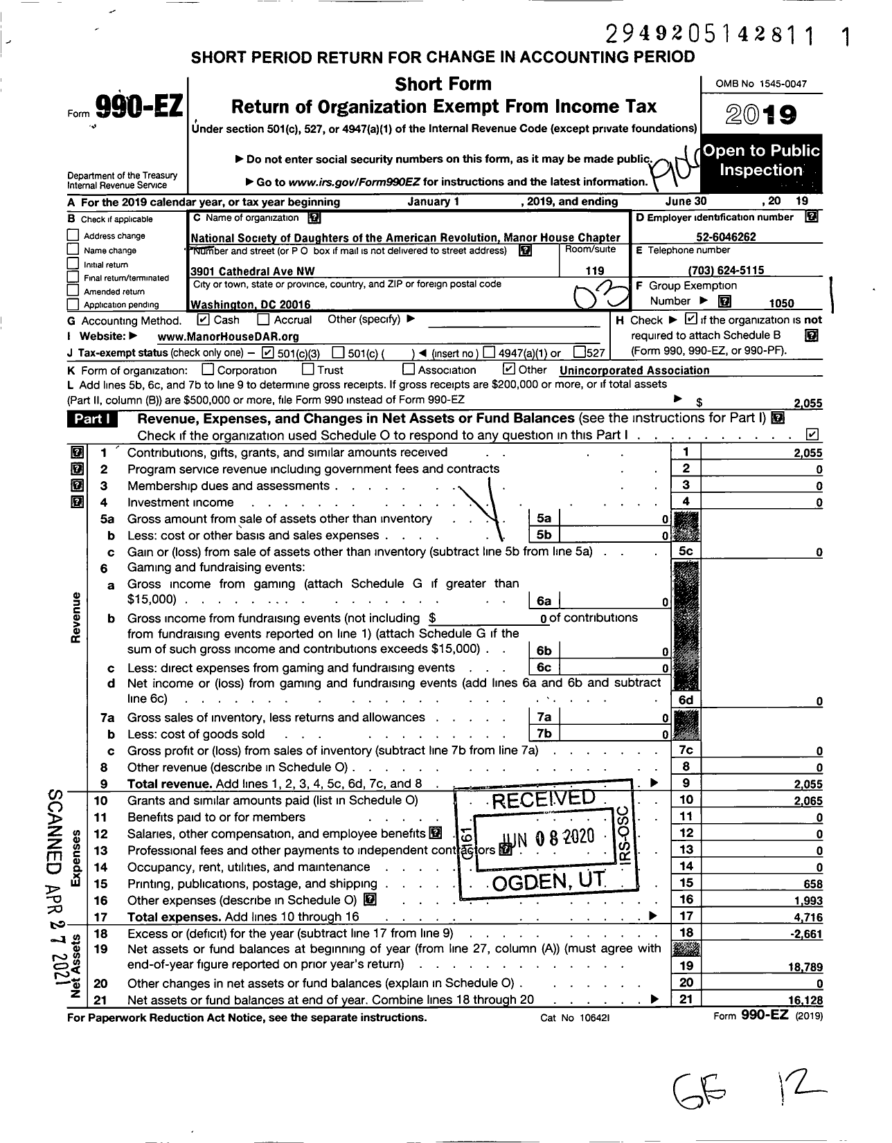 Image of first page of 2018 Form 990EZ for Daughters of the American Revolution - Manor House Dar