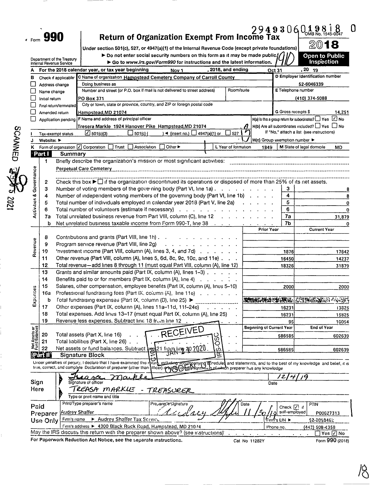 Image of first page of 2018 Form 990O for Hampstead Cemetery Company of Carroll County