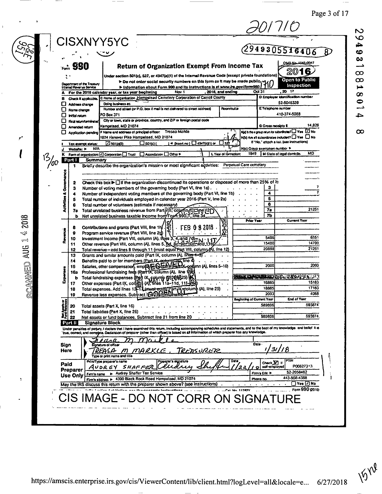 Image of first page of 2016 Form 990O for Hampstead Cemetery Company of Carroll County