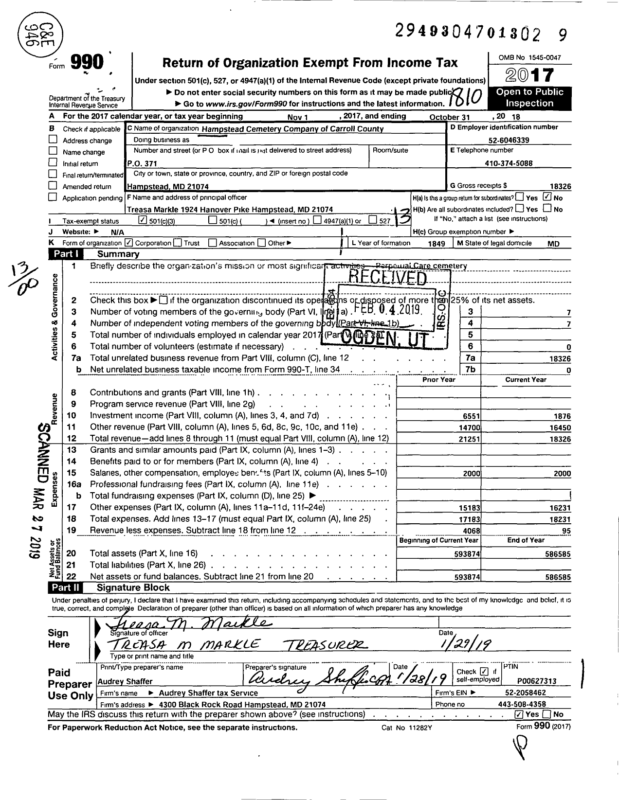 Image of first page of 2017 Form 990O for Hampstead Cemetery Company of Carroll County