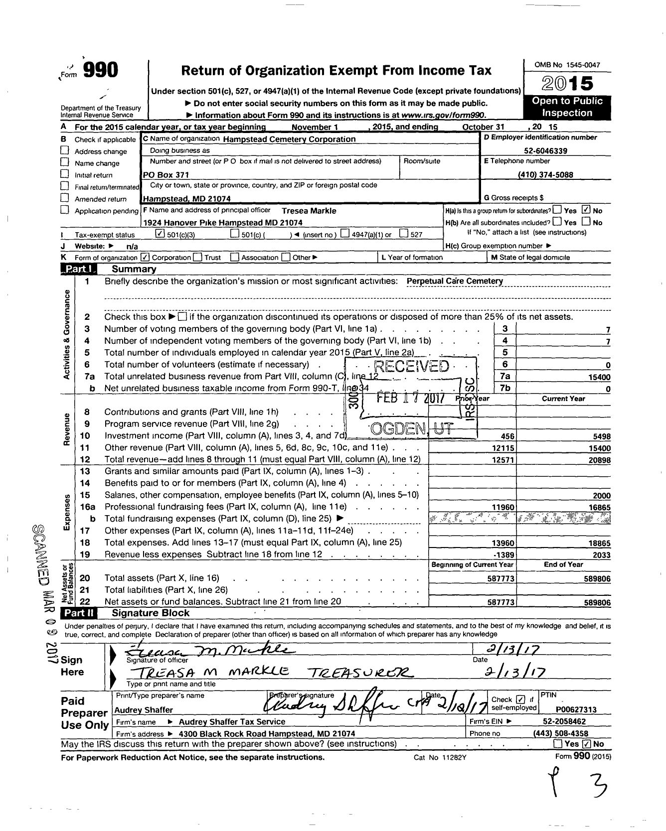 Image of first page of 2014 Form 990 for Hampstead Cemetery Company of Carroll County