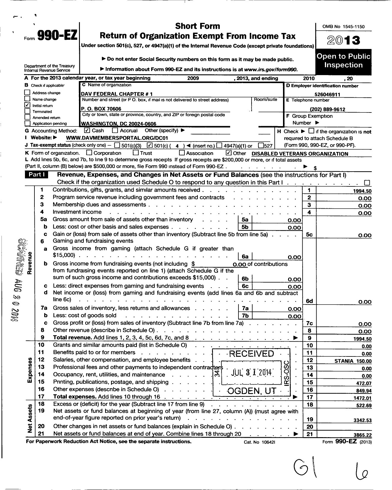 Image of first page of 2010 Form 990EO for Disabled American Veterans - 1 Federal