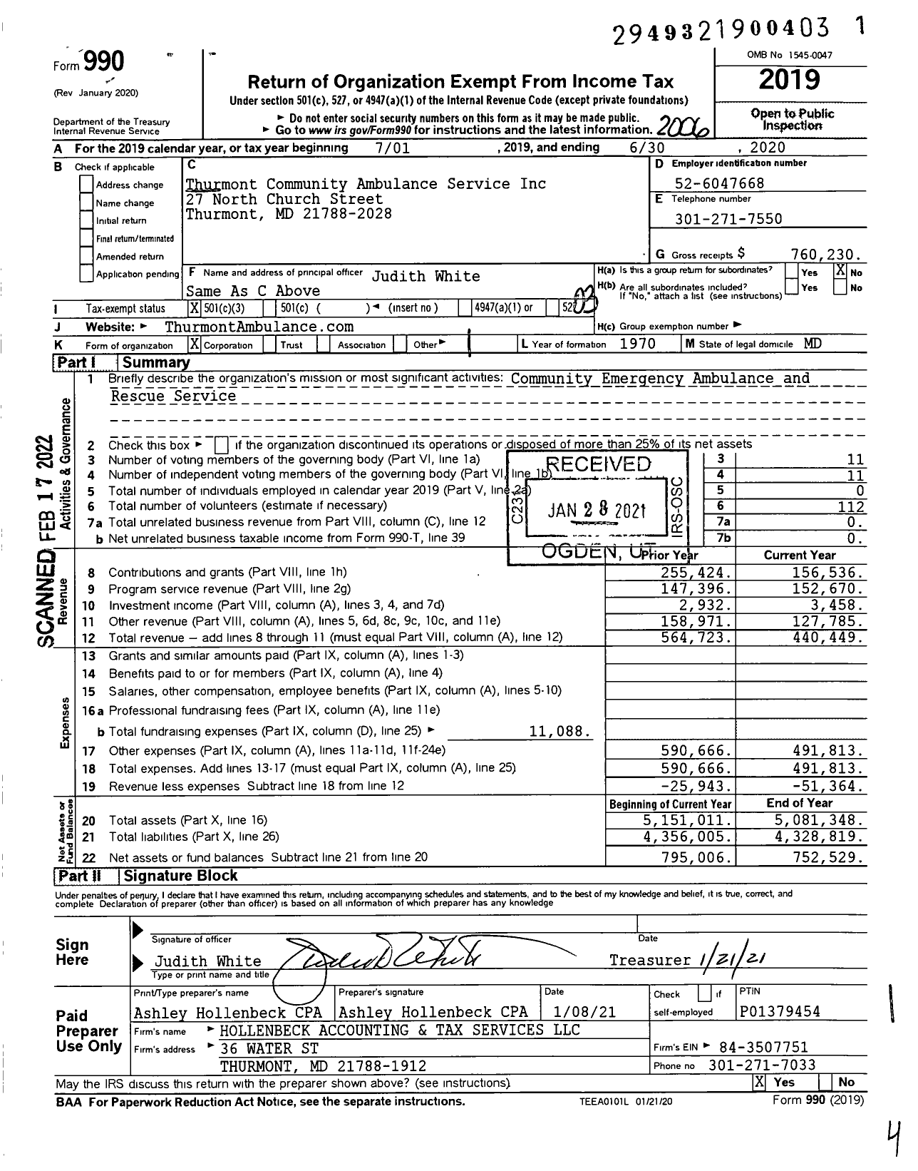 Image of first page of 2019 Form 990 for Thurmont Community Ambulance Service