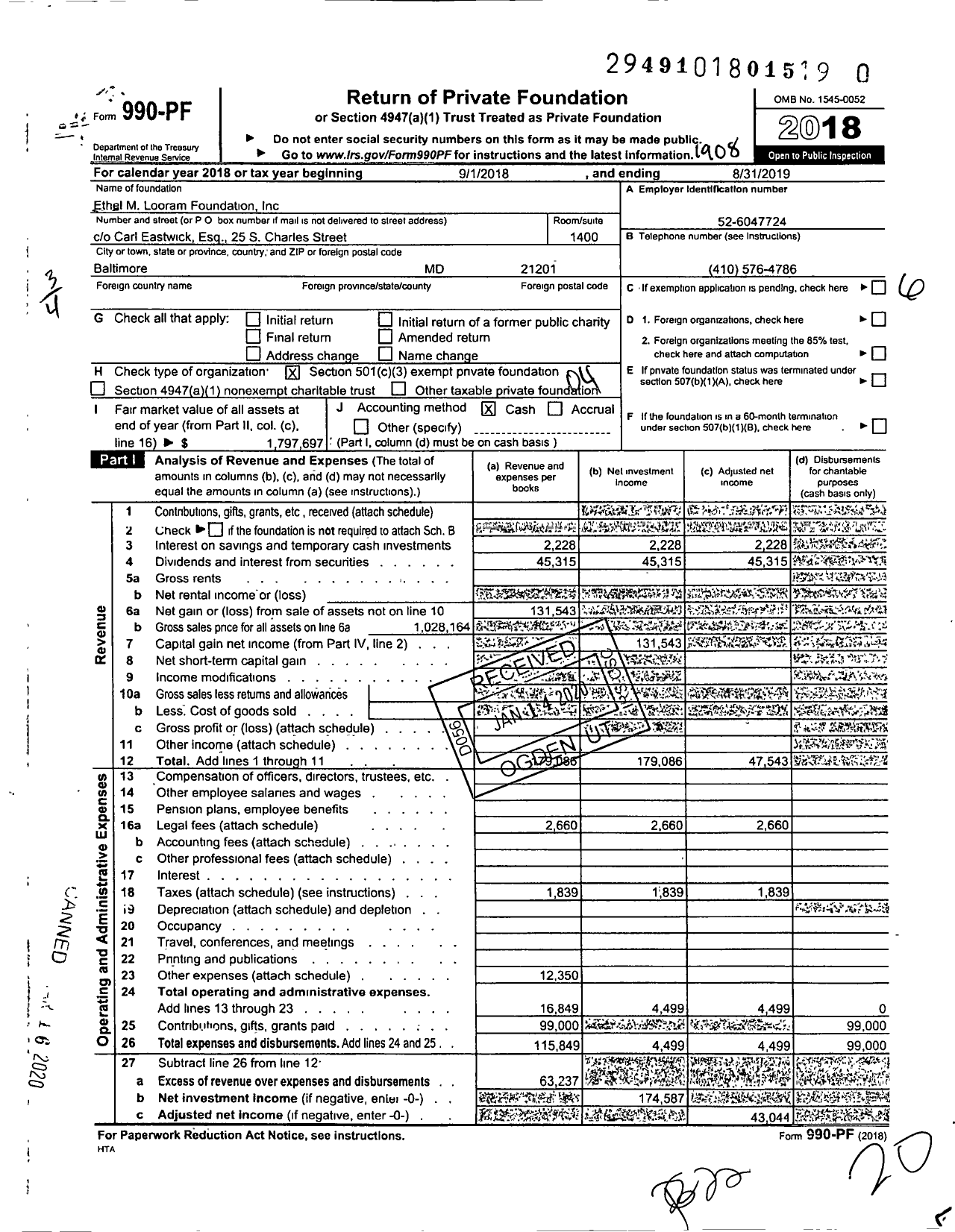 Image of first page of 2018 Form 990PR for Ethel M Looram Foundation