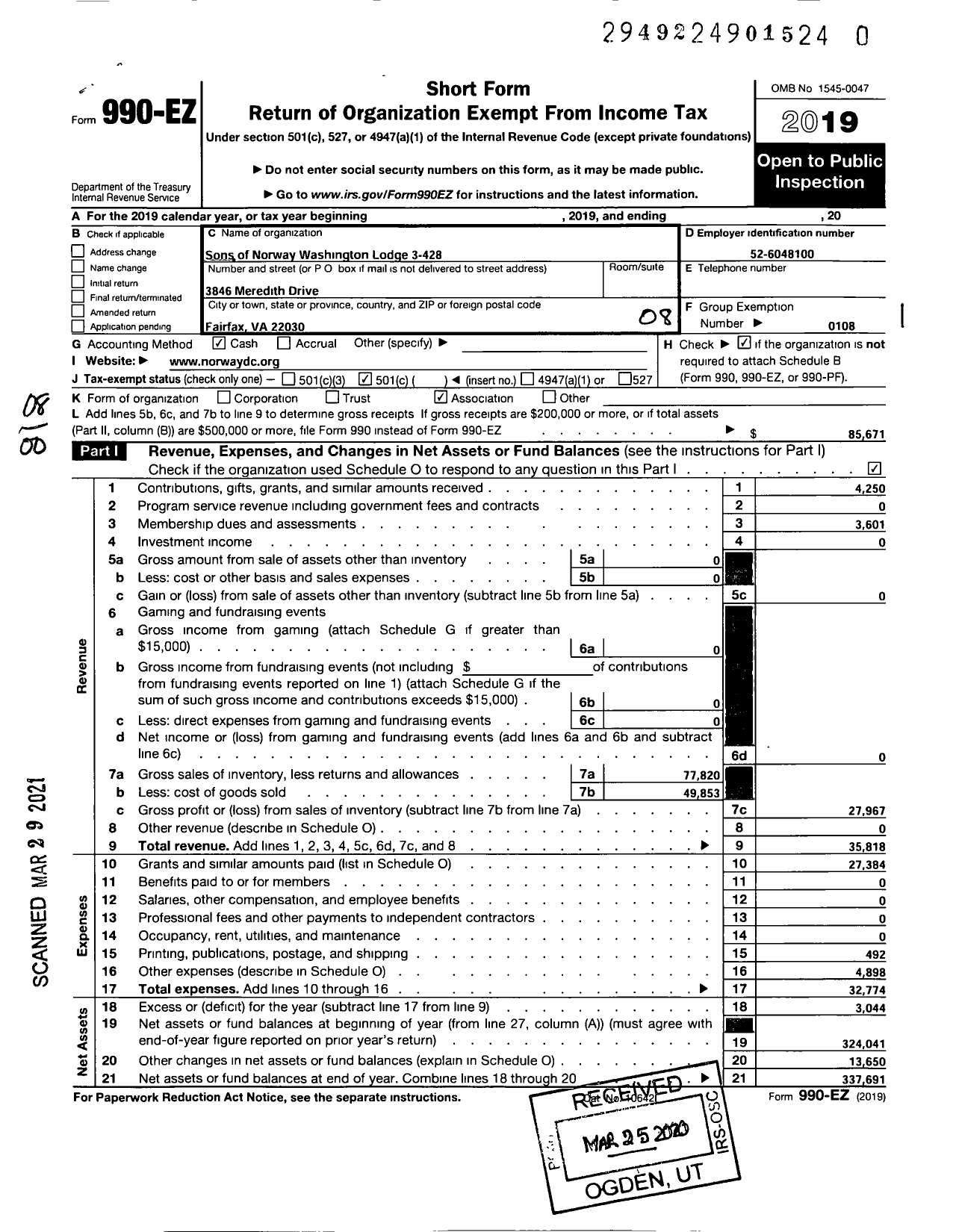 Image of first page of 2019 Form 990EO for SONS OF NORWAY Washington Lodge 3-428