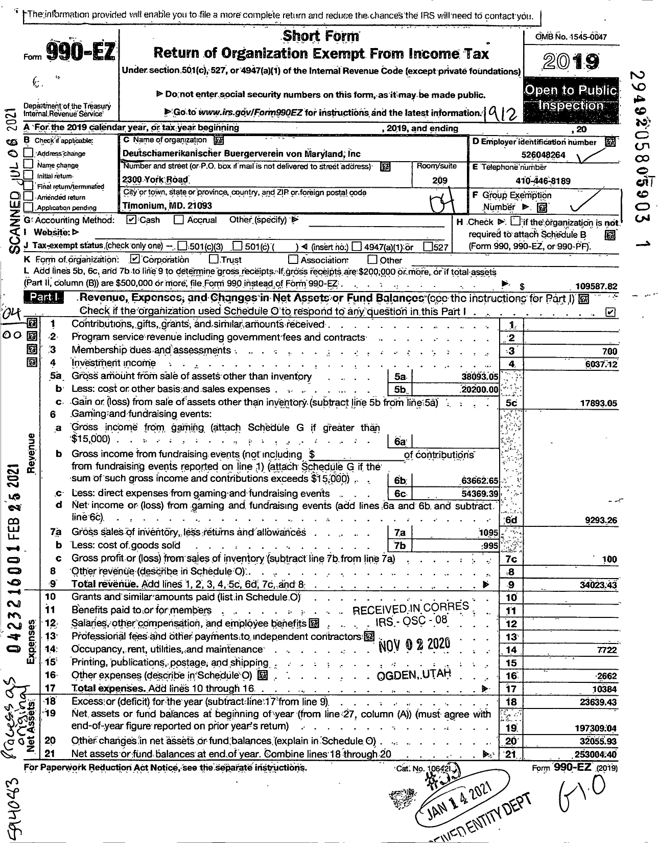 Image of first page of 2019 Form 990EO for Deutschamerikanischer Buergerverein Von MD