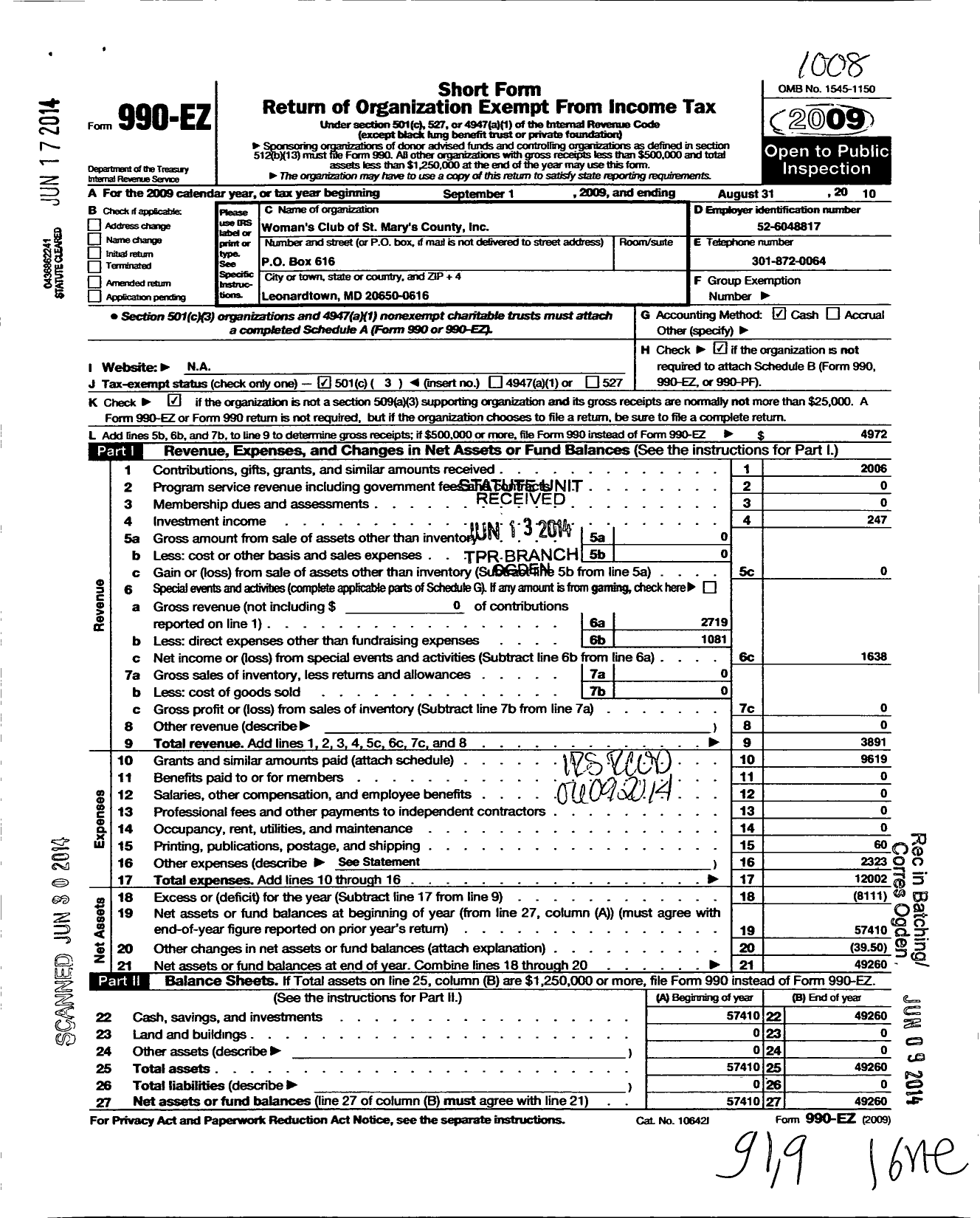 Image of first page of 2009 Form 990EZ for Womans Club of St Marys County