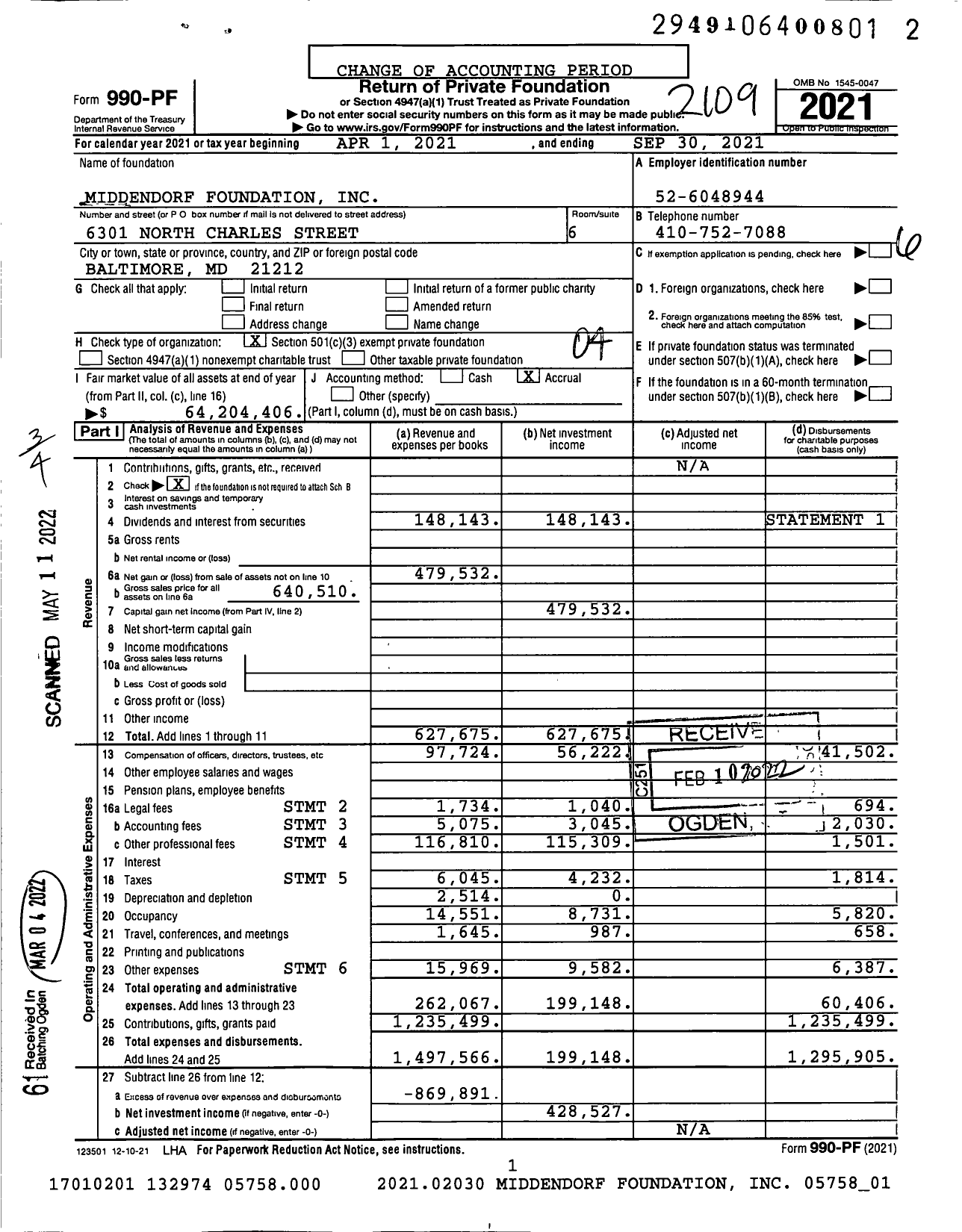 Image of first page of 2020 Form 990PF for Middendorf Foundation