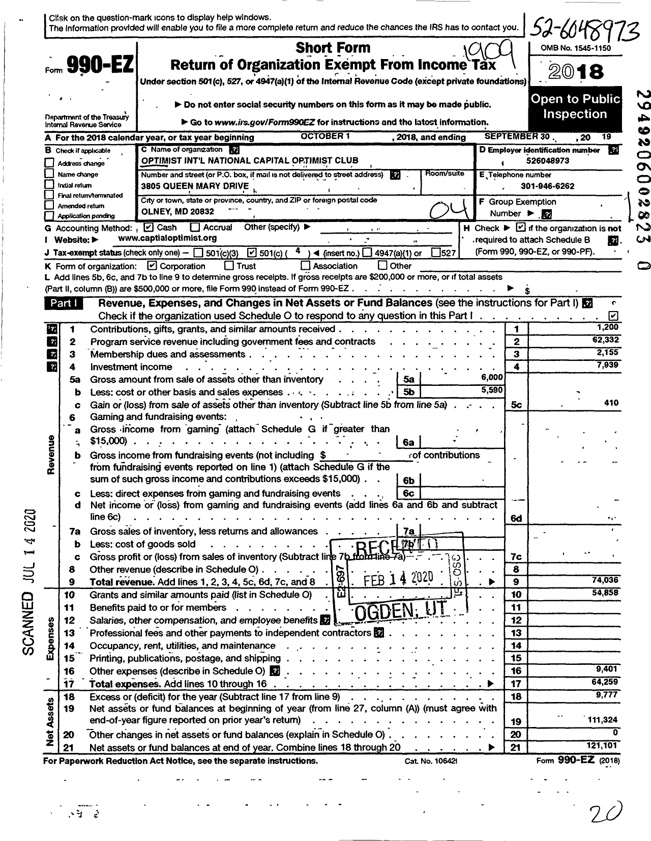 Image of first page of 2018 Form 990EO for Optimist International - 16135 Oc of Washington-National Cap