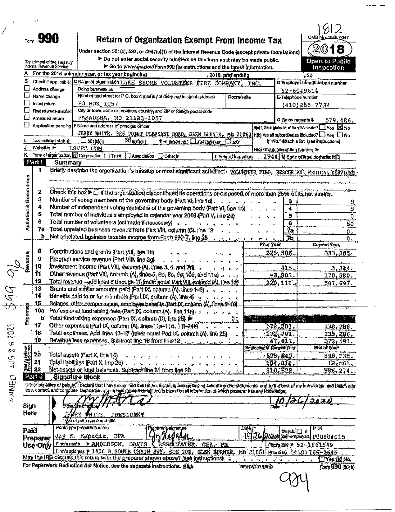 Image of first page of 2018 Form 990O for Lake Shore Volunteer Fire Company