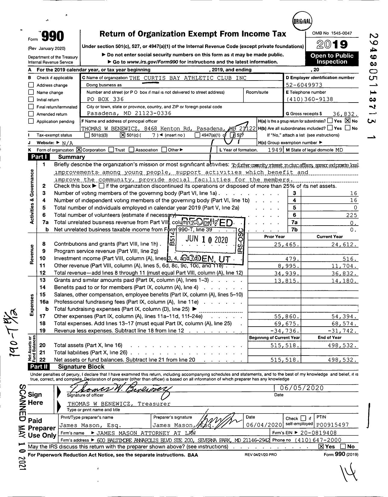 Image of first page of 2019 Form 990O for The Curtis Bay Athletic Club
