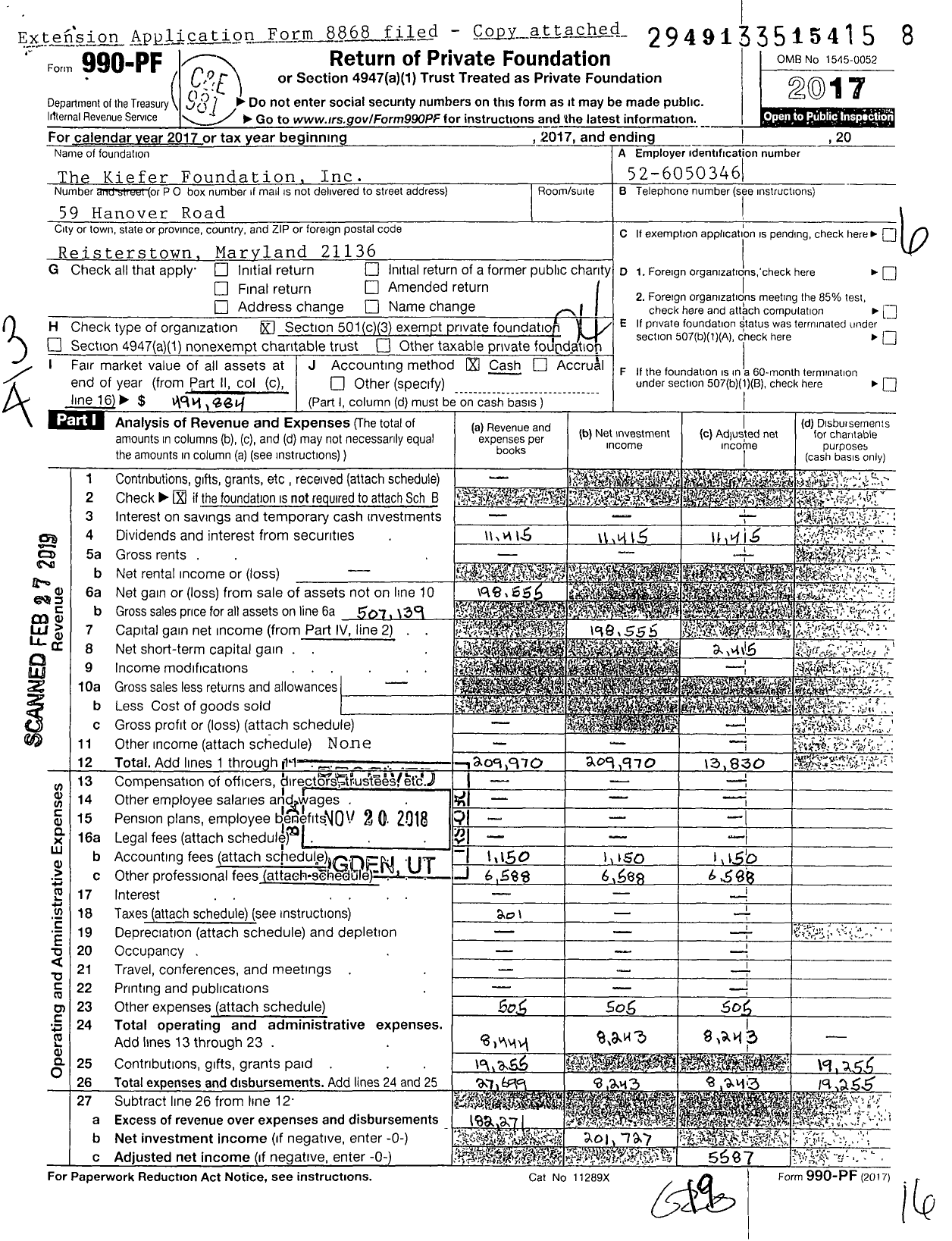 Image of first page of 2017 Form 990PF for The Kiefer Foundation