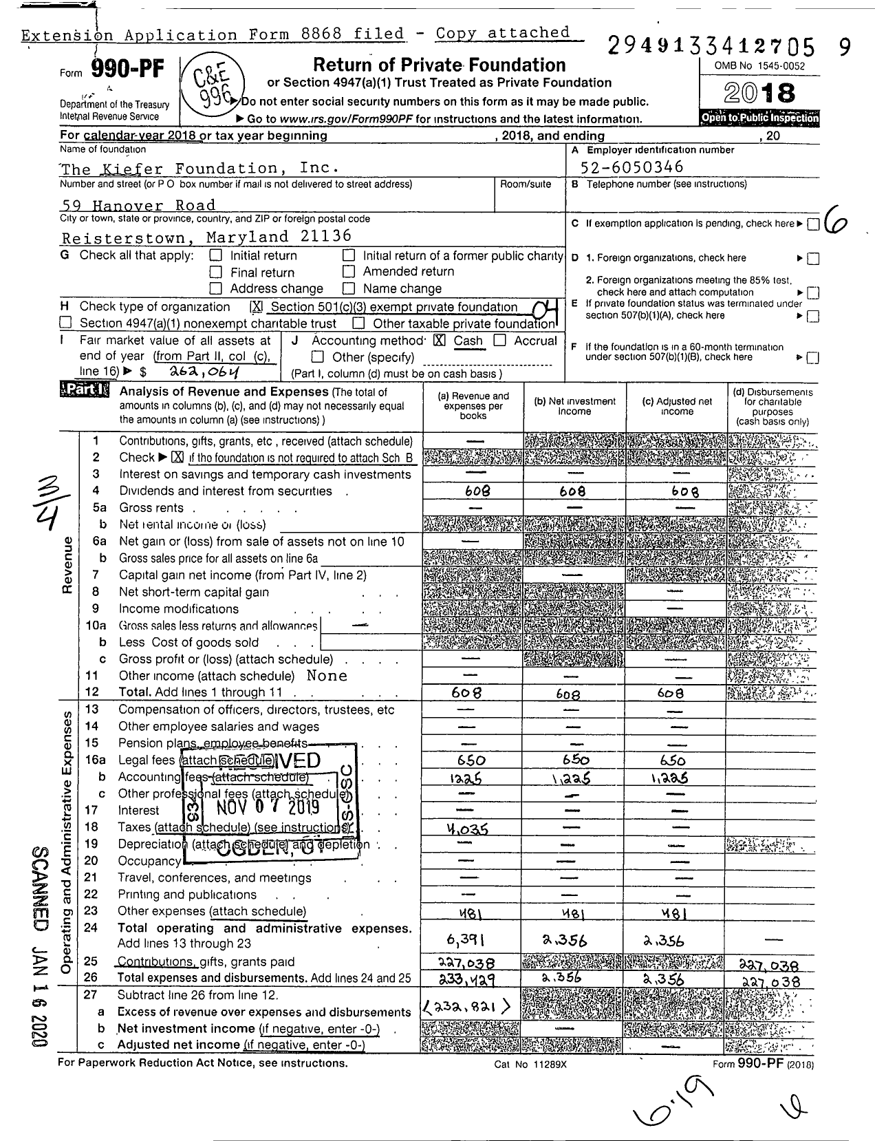 Image of first page of 2018 Form 990PF for The Kiefer Foundation