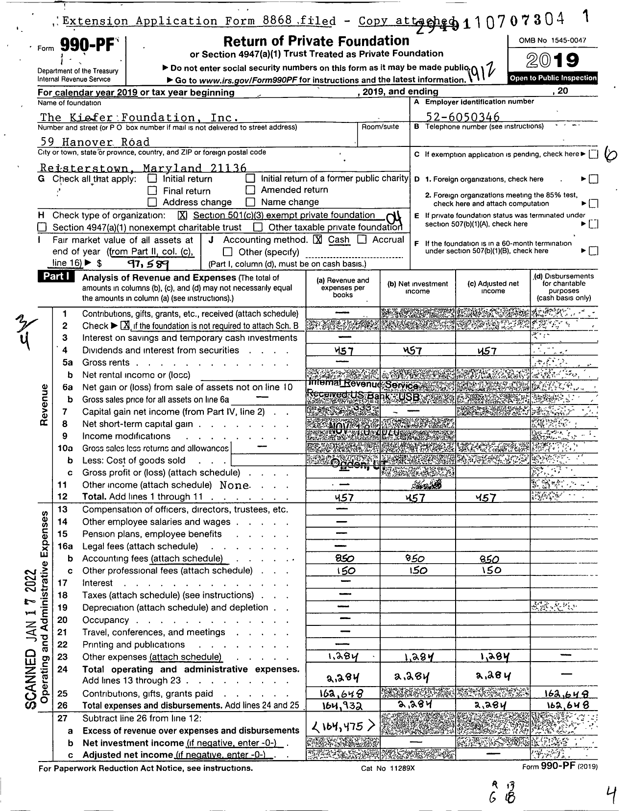 Image of first page of 2019 Form 990PF for The Kiefer Foundation