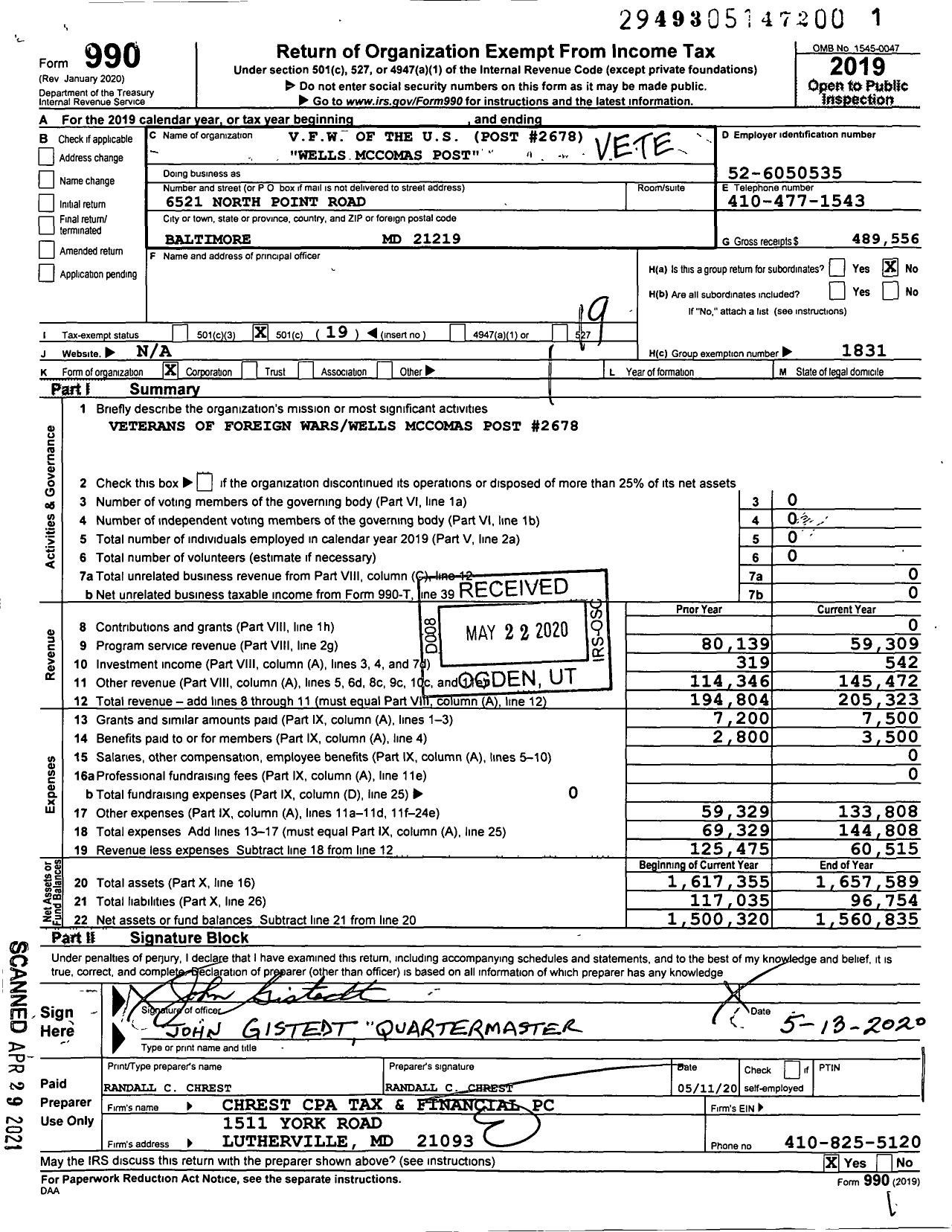 Image of first page of 2019 Form 990O for VFW Department of Maryland - Wells Mccomas Post 2678