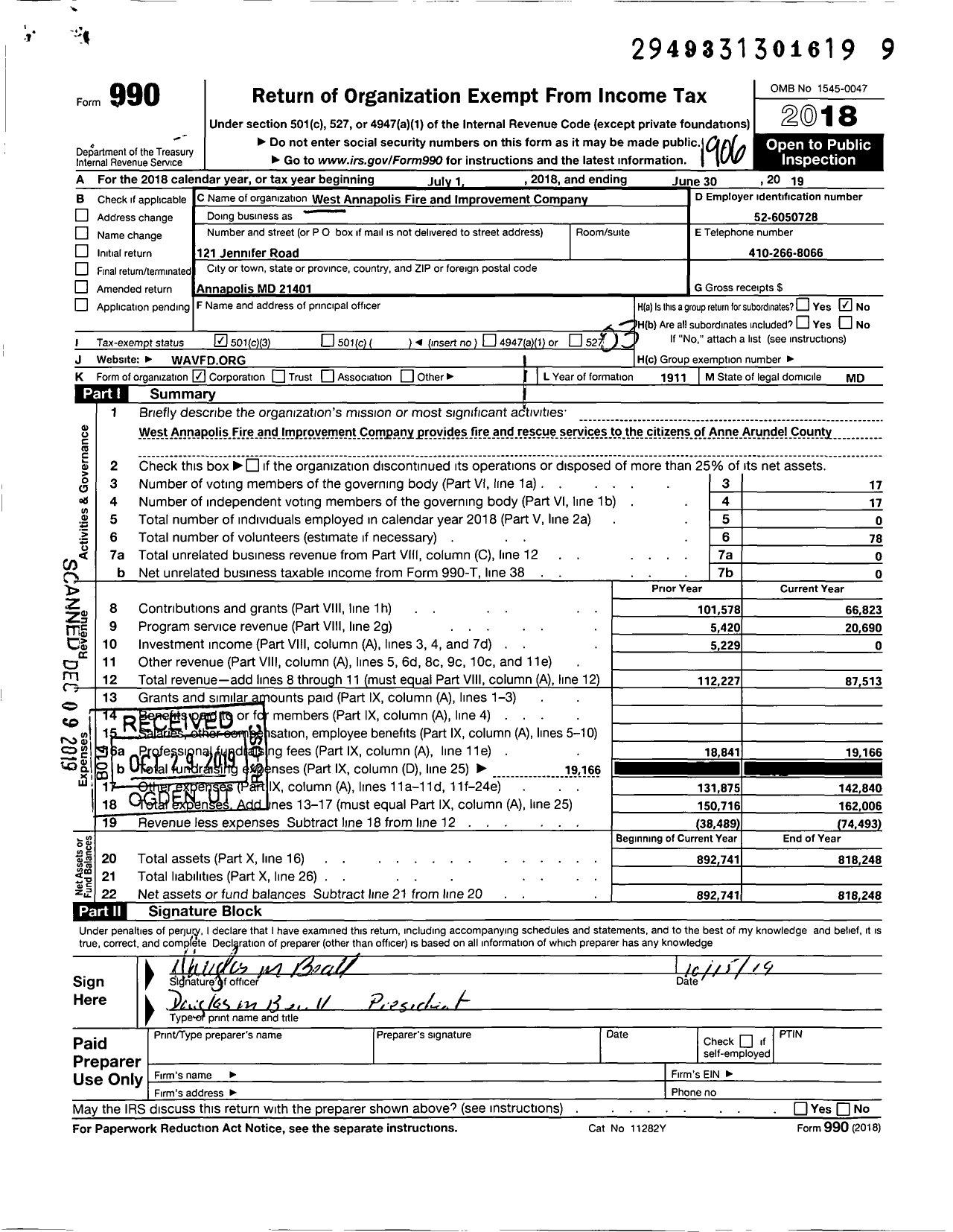 Image of first page of 2018 Form 990 for West Annapolis Volunteer Fire and Improvement