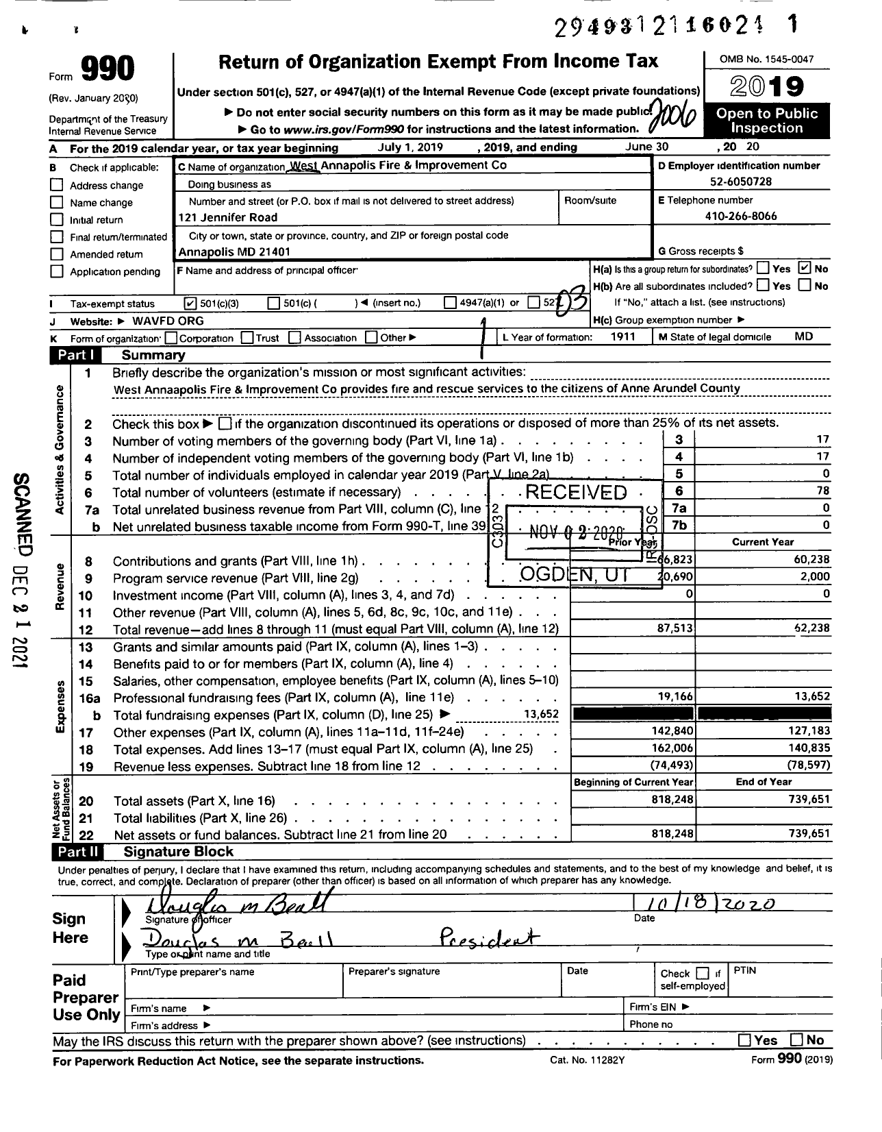 Image of first page of 2019 Form 990 for West Annapolis Volunteer Fire and Improvement