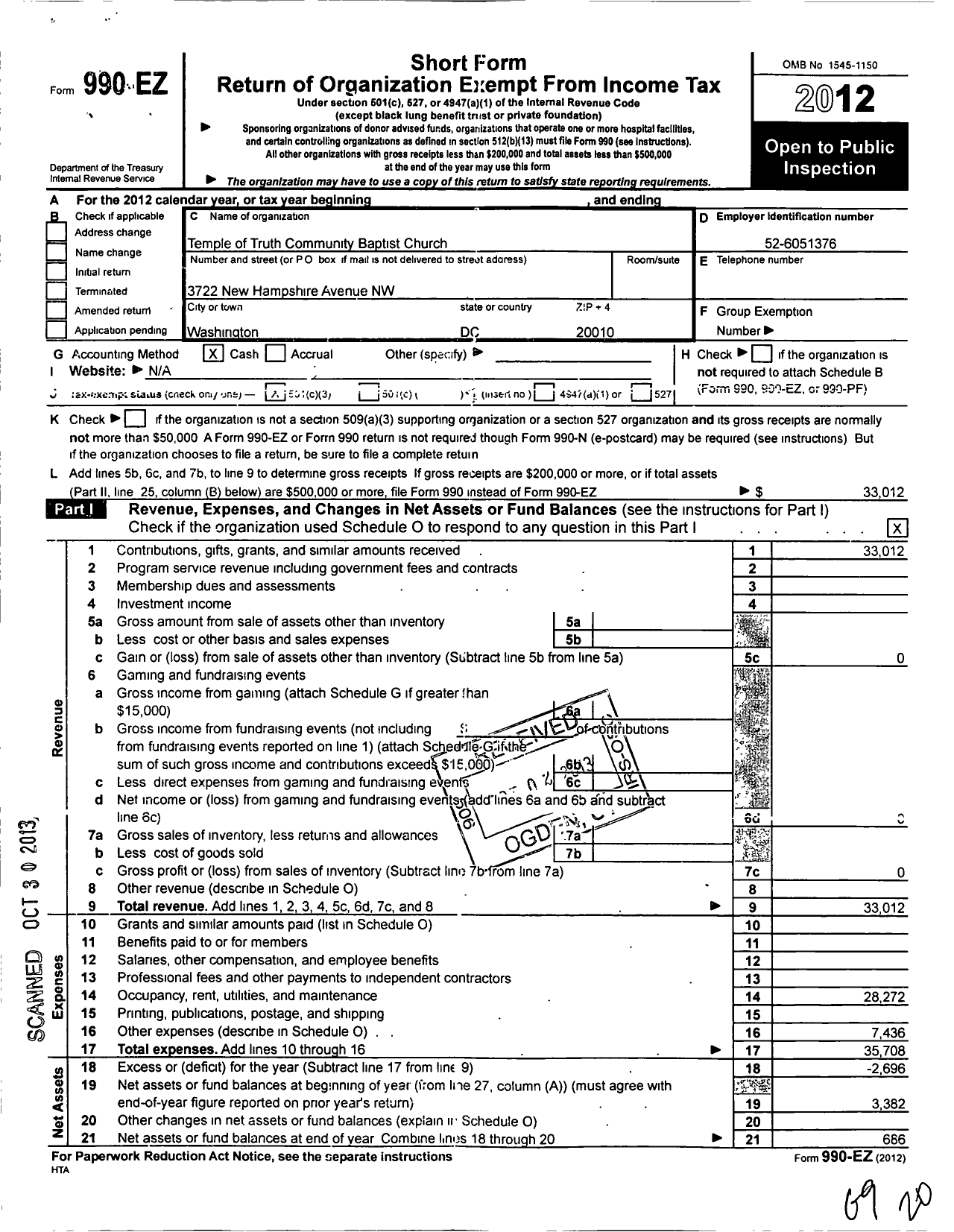 Image of first page of 2012 Form 990EZ for Temple of Truth Community Baptist Church