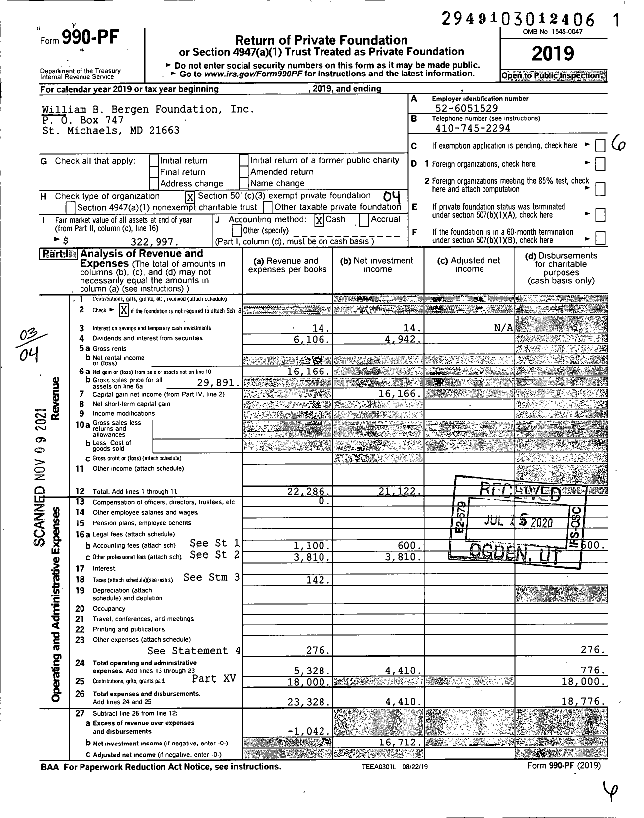 Image of first page of 2019 Form 990PF for William B Bergen Foundation