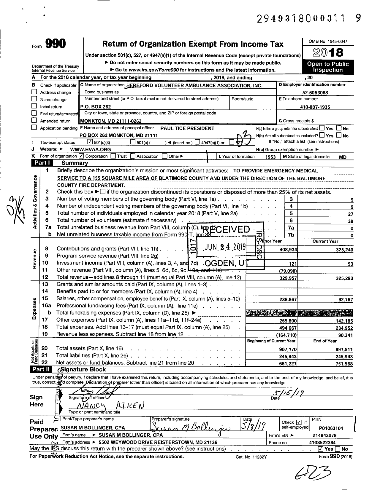 Image of first page of 2018 Form 990 for Hereford Volunteer Ambulance Association