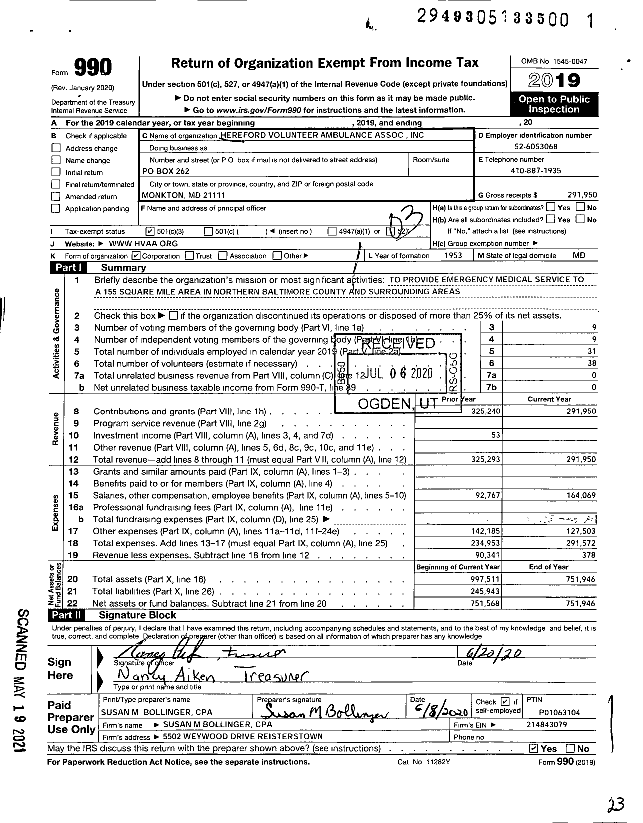 Image of first page of 2019 Form 990 for Hereford Volunteer Ambulance Association